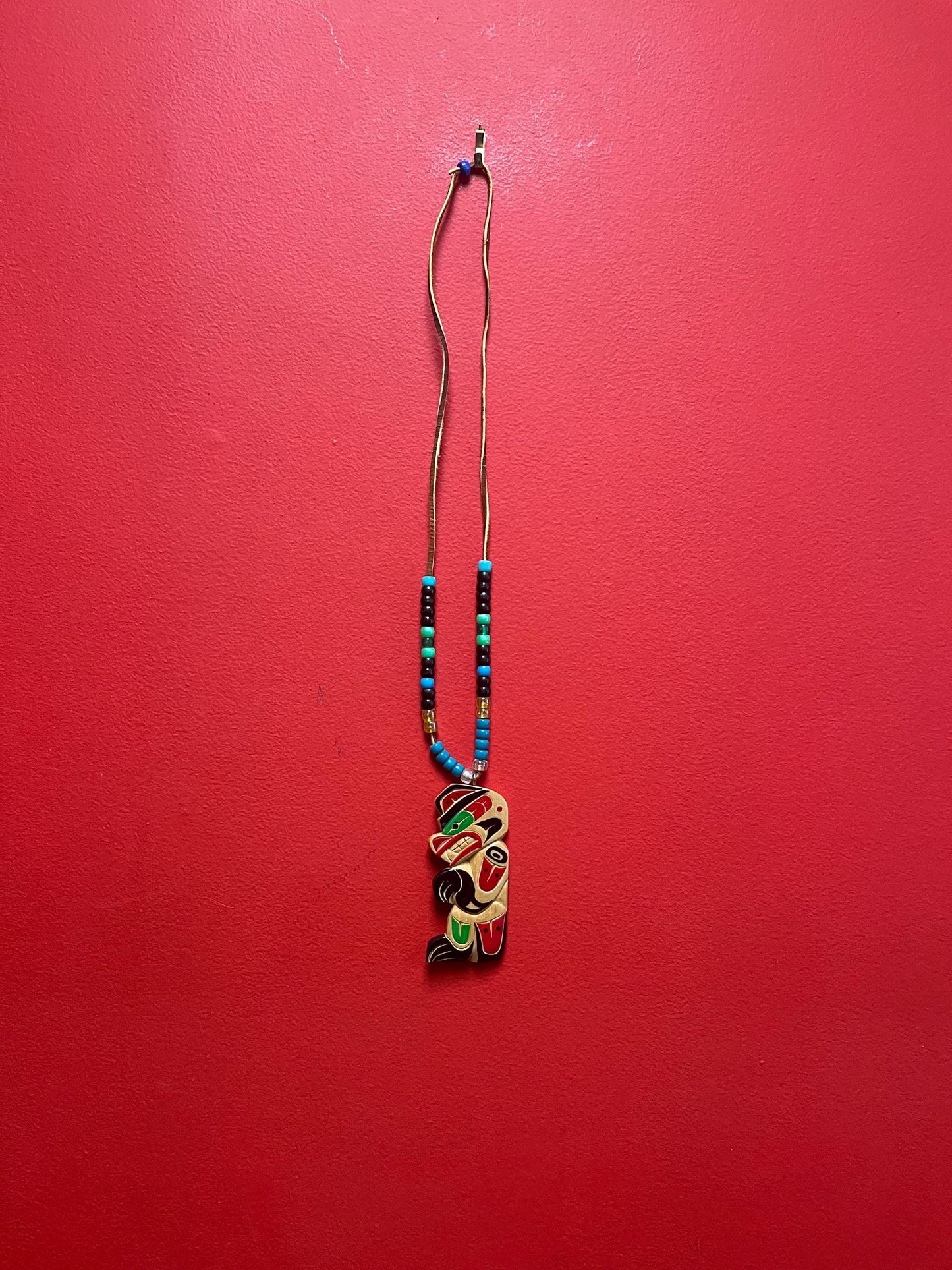 Stunning 5 inch indigenous first nations Pacific northwest Coast signed wooden pendant with 30 inch beaded necklace — wow