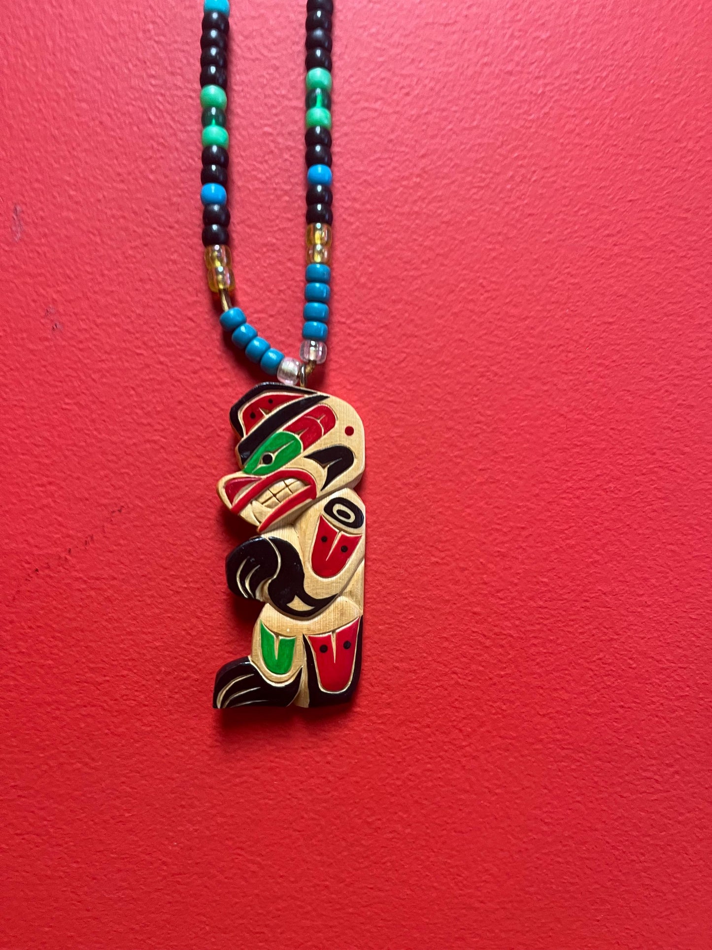 Stunning 5 inch indigenous first nations Pacific northwest Coast signed wooden pendant with 30 inch beaded necklace — wow