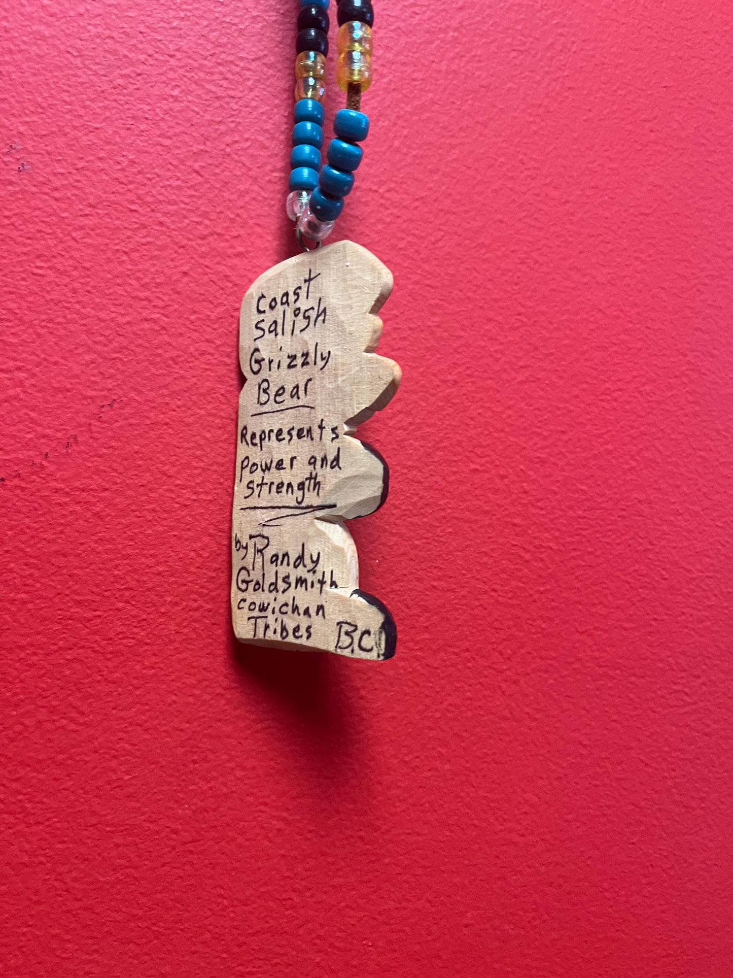 Stunning 5 inch indigenous first nations Pacific northwest Coast signed wooden pendant with 30 inch beaded necklace wow