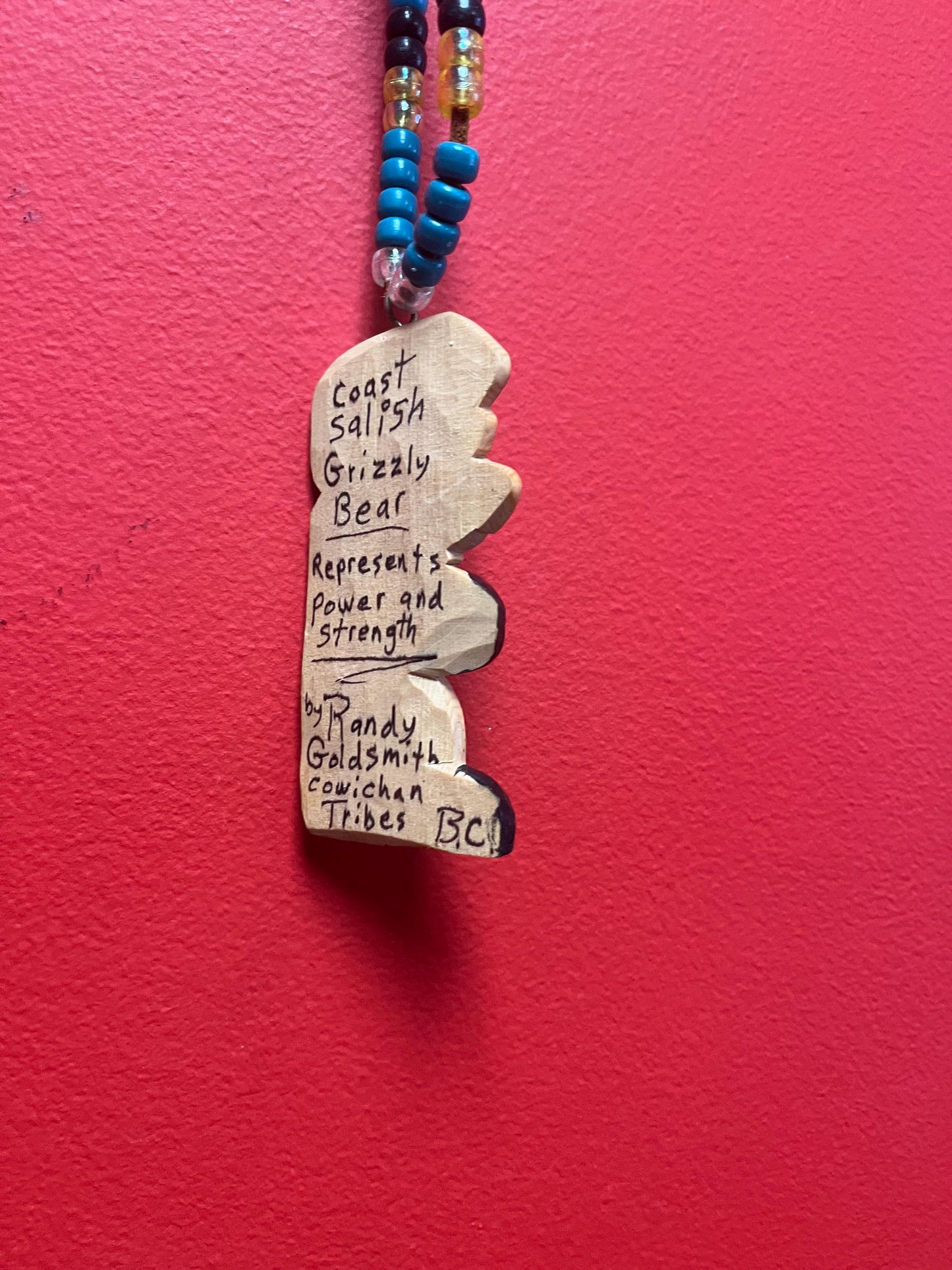Stunning 5 inch indigenous first nations Pacific northwest Coast signed wooden pendant with 30 inch beaded necklace — wow