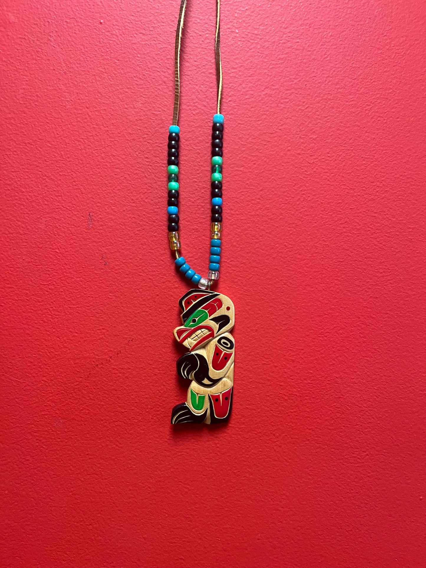Stunning 5 inch indigenous first nations Pacific northwest Coast signed wooden pendant with 30 inch beaded necklace — wow