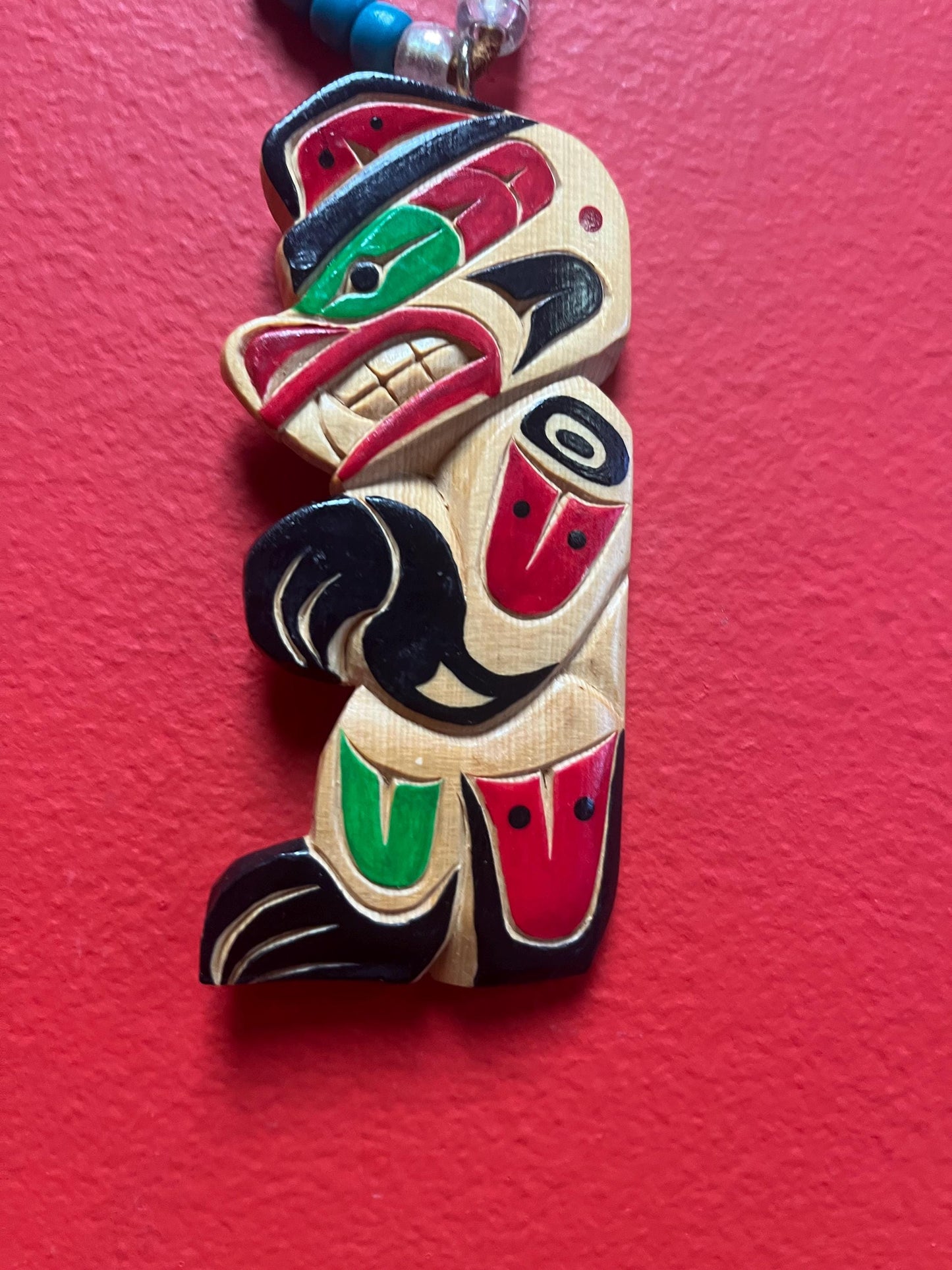 Stunning 5 inch indigenous first nations Pacific northwest Coast signed wooden pendant with 30 inch beaded necklace — wow