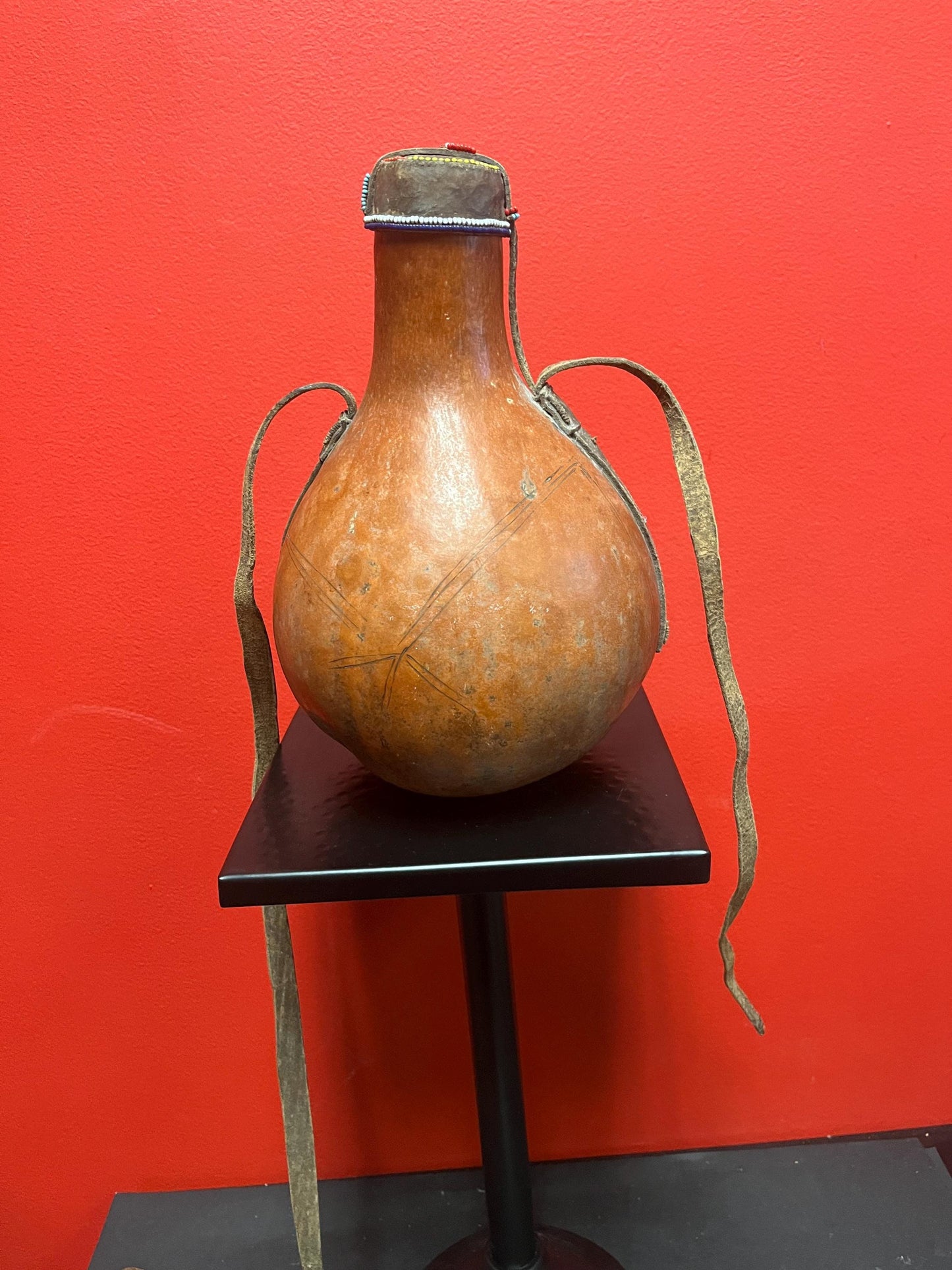 Very cool vintage African 10 inch gourd with beaded top great look broken handle value priced