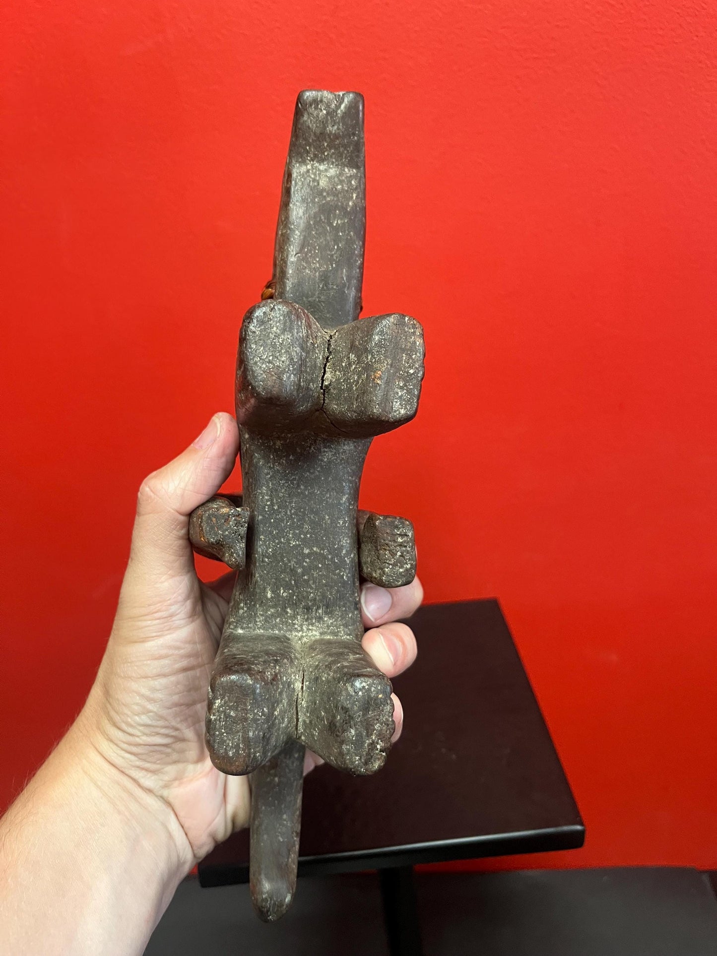 Rare beautiful African 10 x 10 inch antique statue of a man riding an animal great patina and unusual imagery