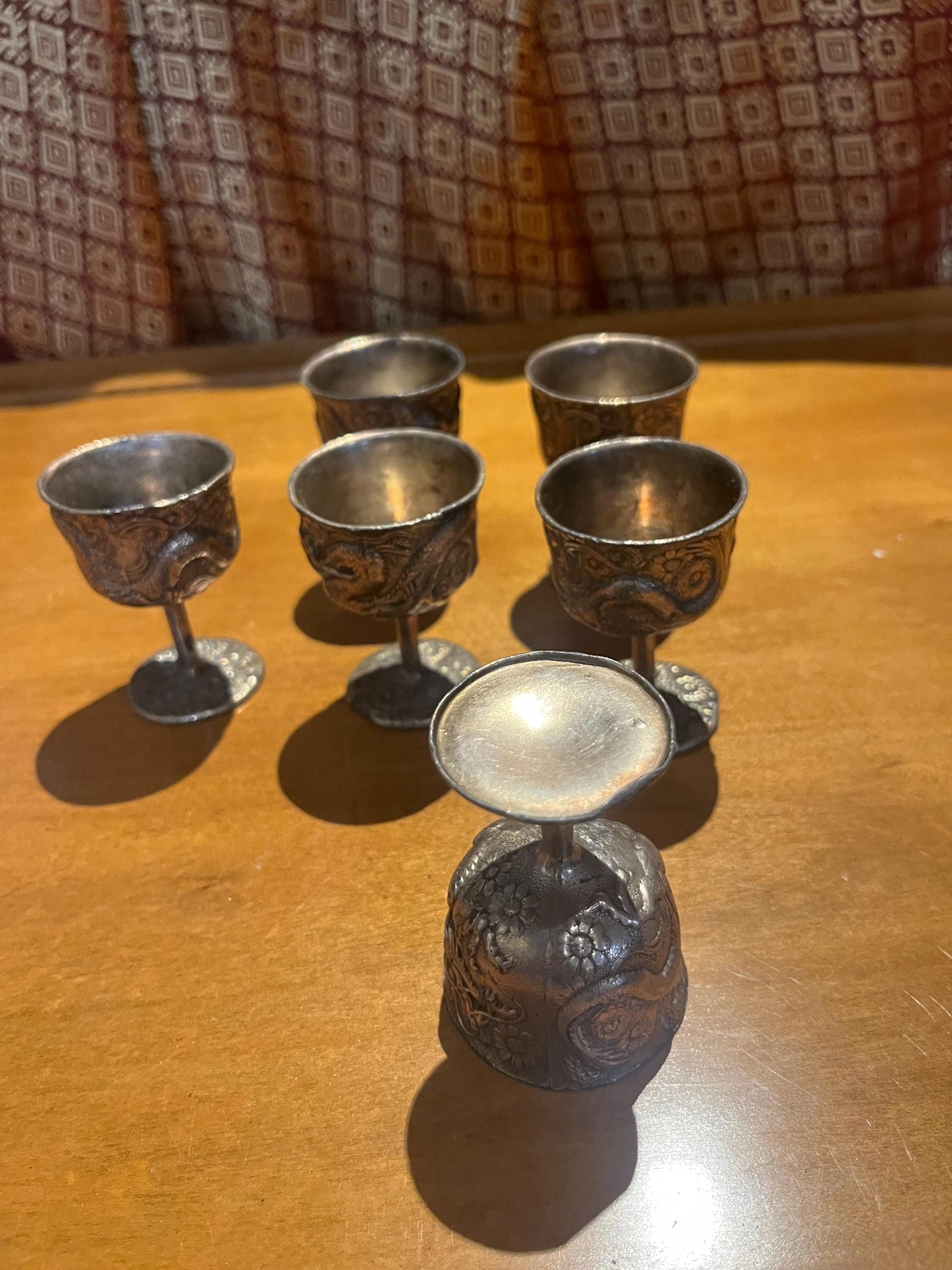 Set of six Chinese silver untested dragon cups 2 1/2 inches tall great value Chinese dragons should rule the world