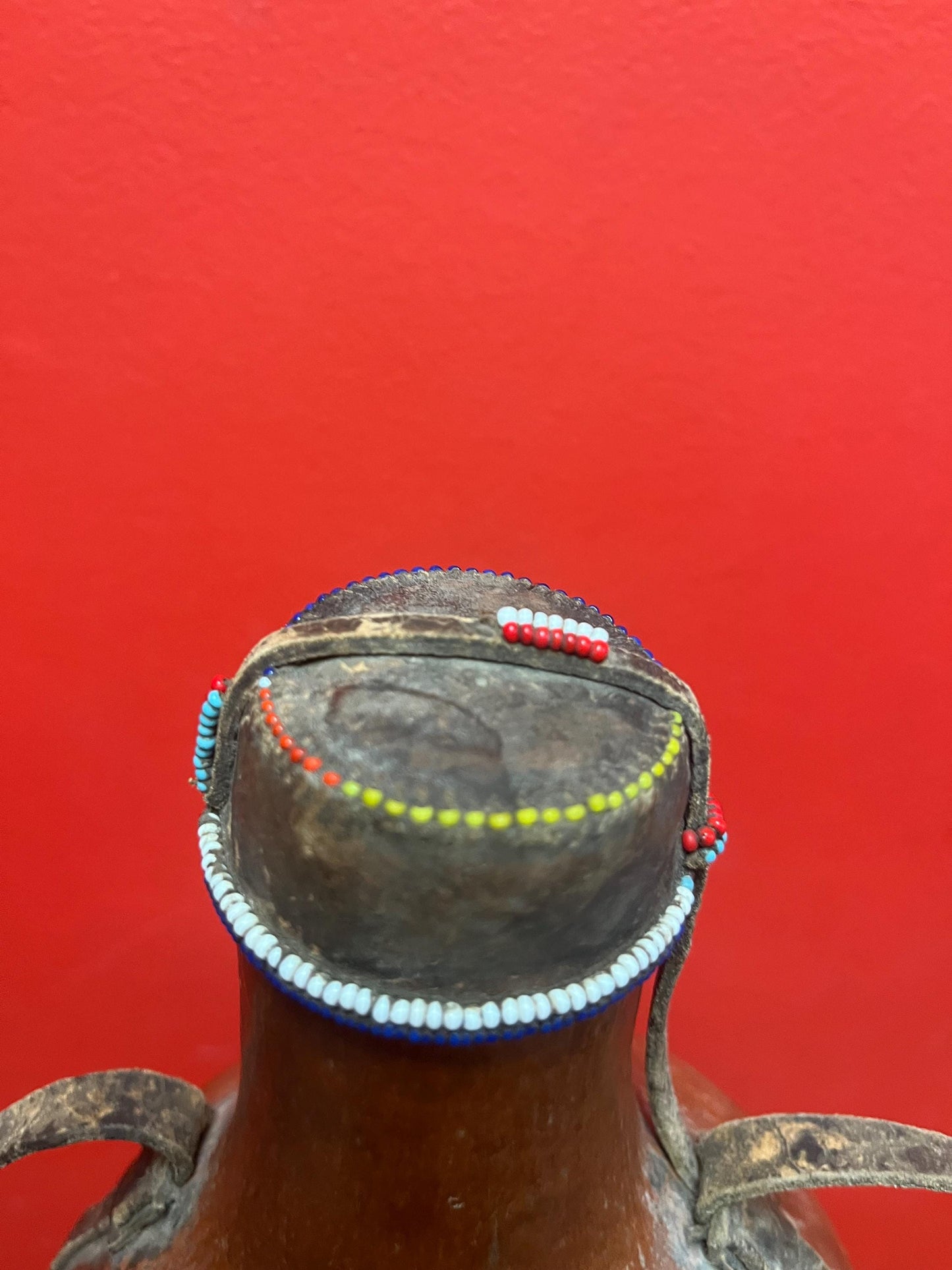 Very cool vintage African 10 inch gourd with beaded top great look broken handle value priced