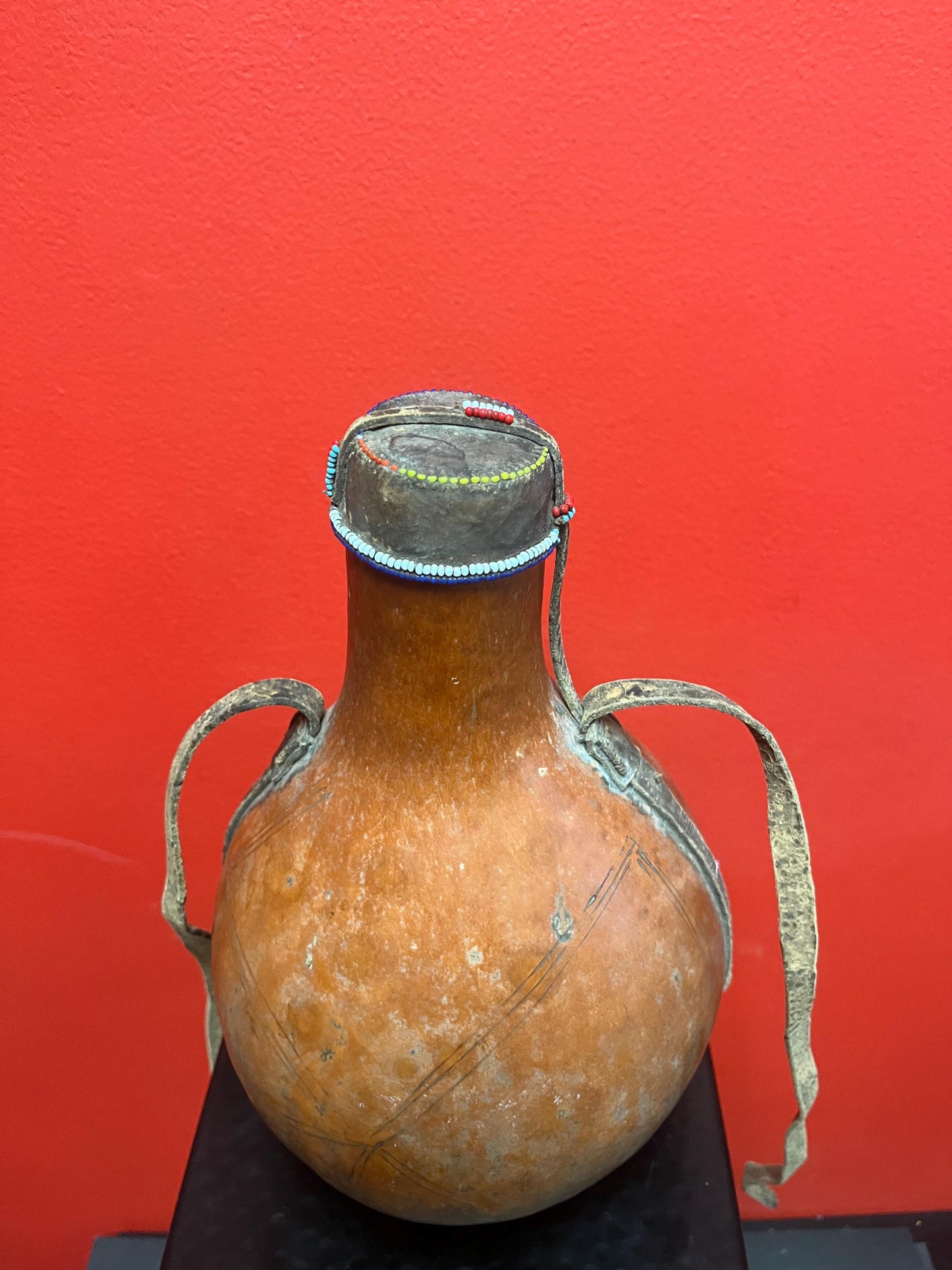 Very cool vintage African 10 inch gourd with beaded top great look broken handle value priced