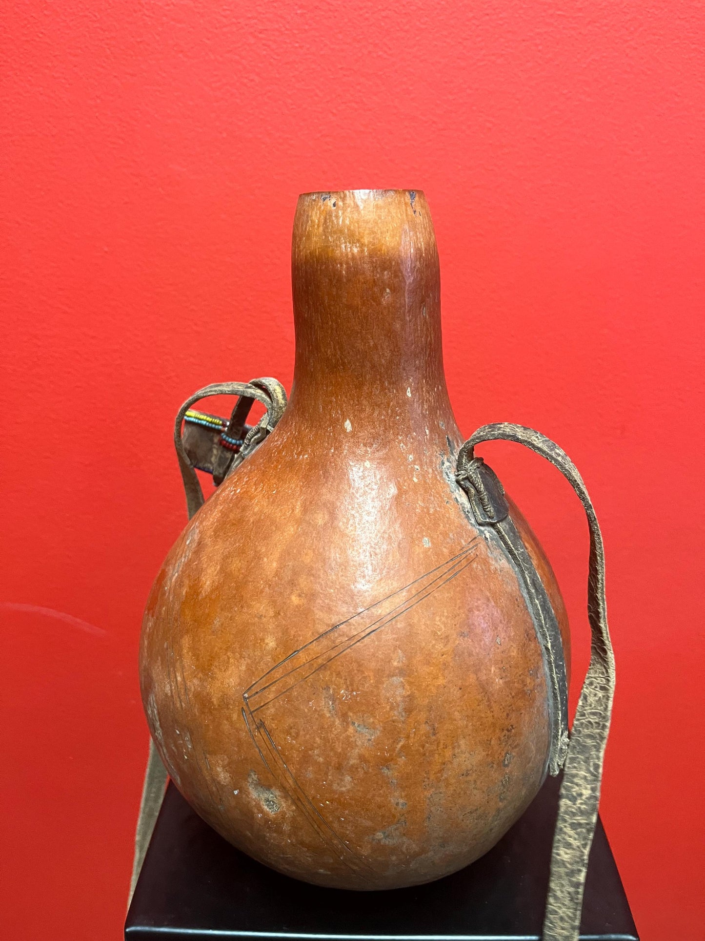 Very cool vintage African 10 inch gourd with beaded top great look broken handle value priced