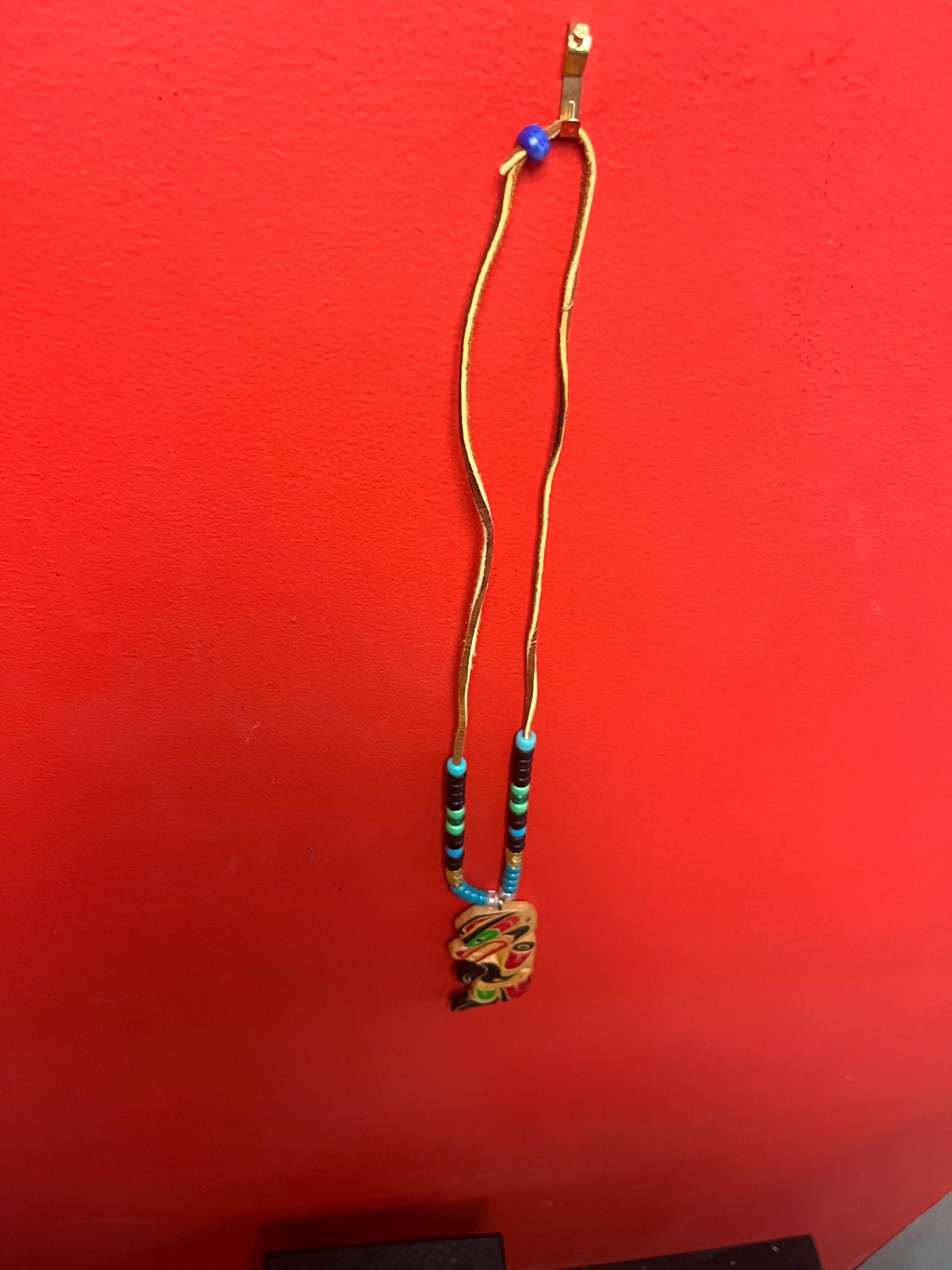 Stunning 5 inch indigenous first nations Pacific northwest Coast signed wooden pendant with 30 inch beaded necklace — wow