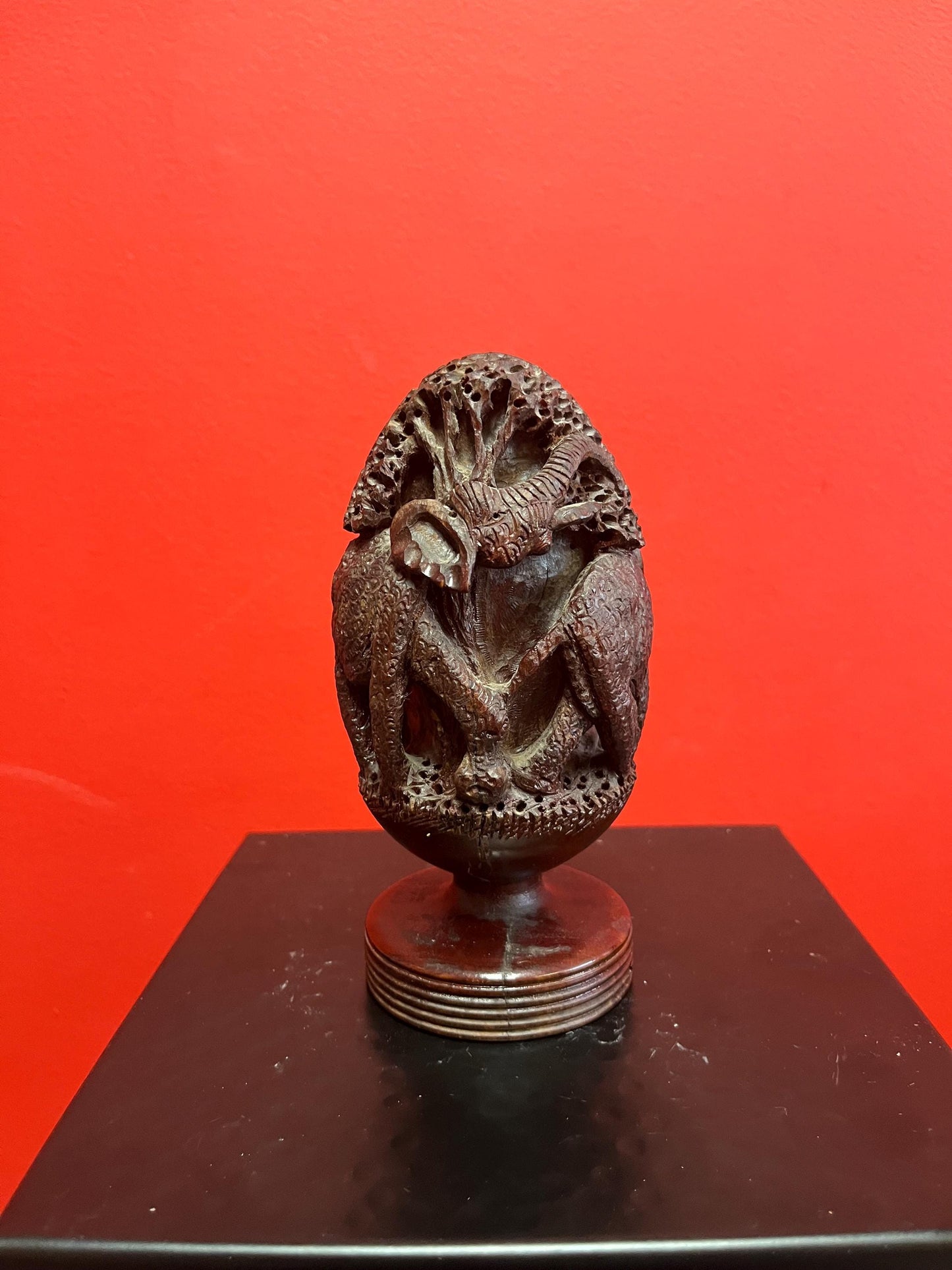 Beautiful 6 inch tall signed African carving depicting elephants and trees wonderful imagery and great patina and detail