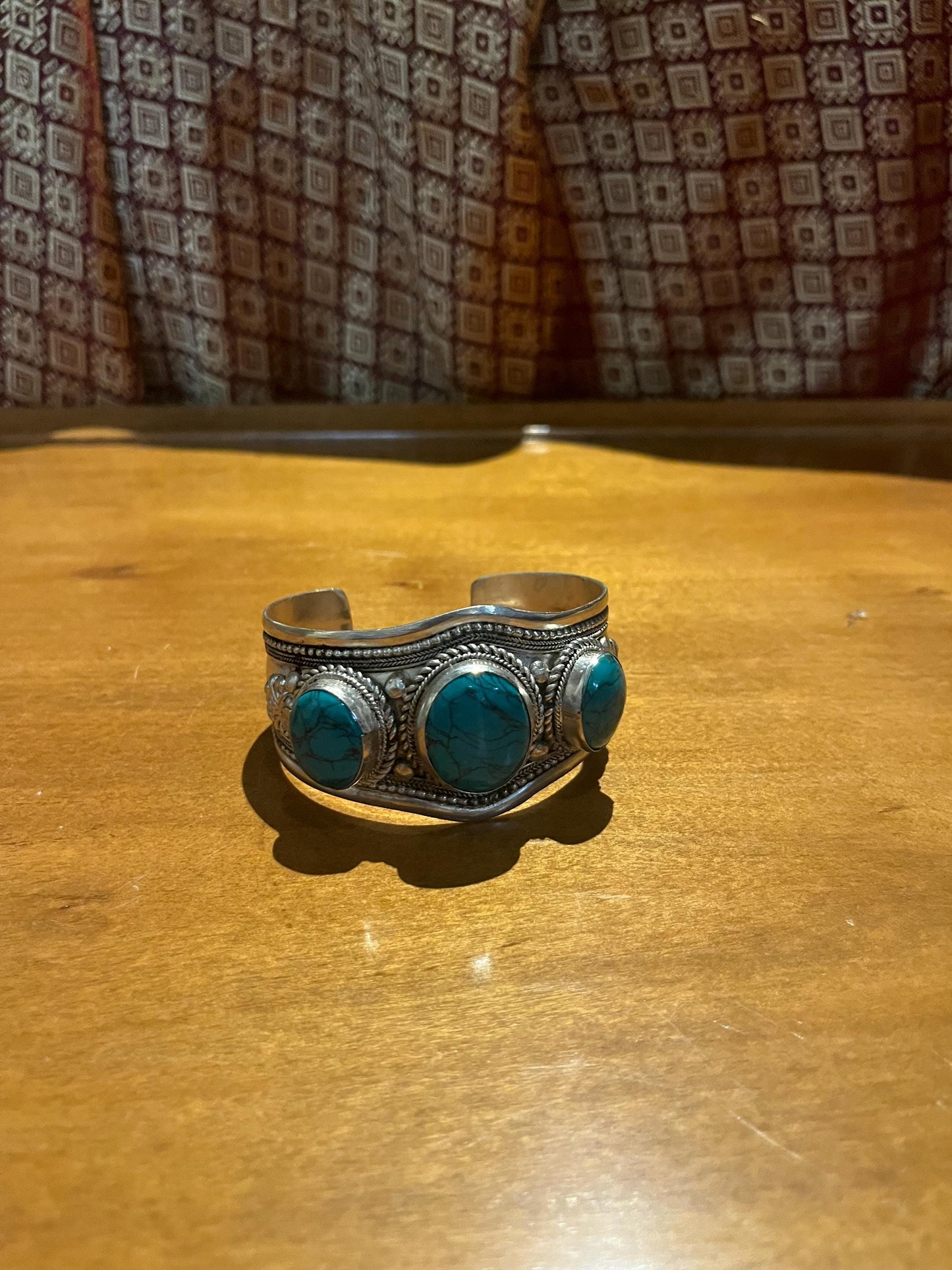 Nepalese 3 inch silver and turquoise bangle cuff great look and slightly adjustable to wrist