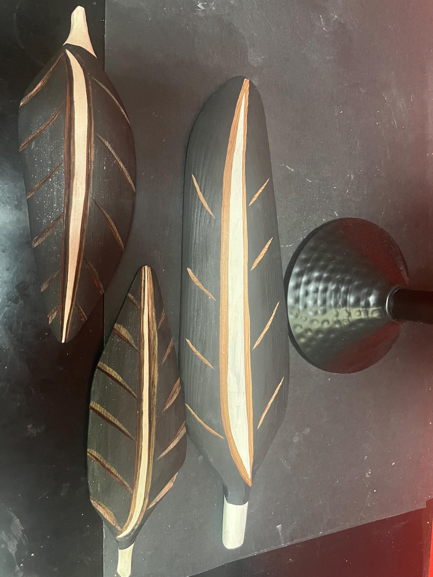 Three lovely unsigned indigenous, first nation feathers 15 and 9 inches long needs hangers very lovely good value