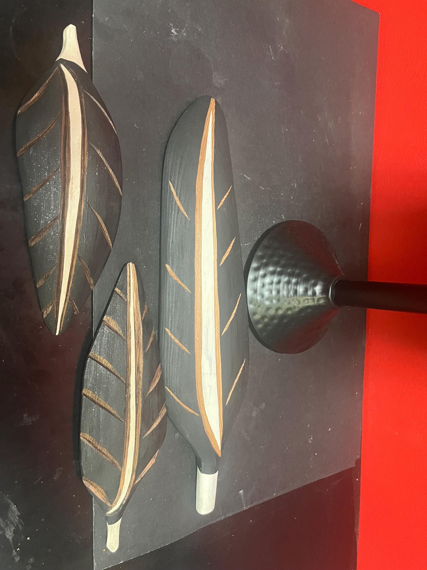 Three lovely unsigned indigenous, first nation feathers 15 and 9 inches long needs hangers very lovely good value