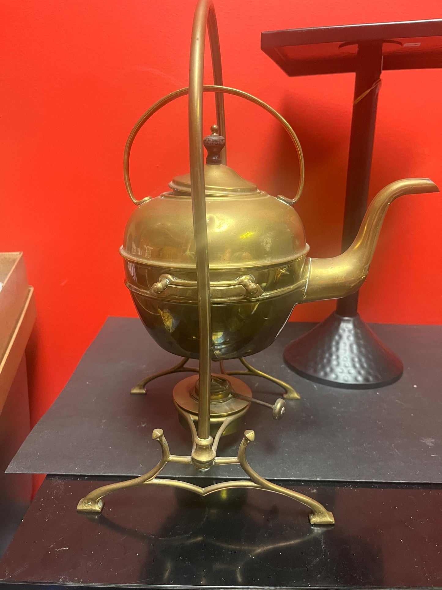 Beautiful antique 15 inch tall brass teapot on stand couple of dents and great patina art nouveau beauty- wow