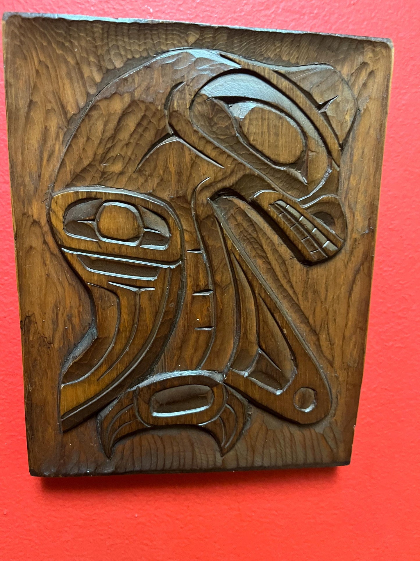Lovely signed sea monster plaque indigenous first nations Pacific northwest coast cedar with great detail ready to hang 7x 5 inches