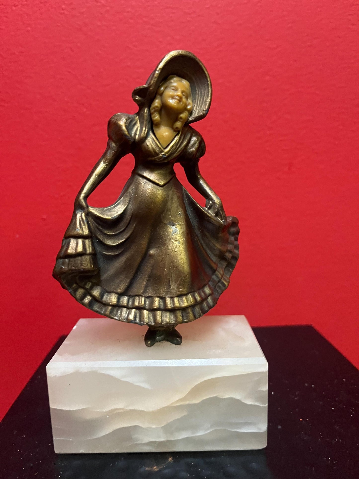 Antique bronze and bone statue of a lady on onyx base wonderful condition and patina - six inches high - art nouveau beauty