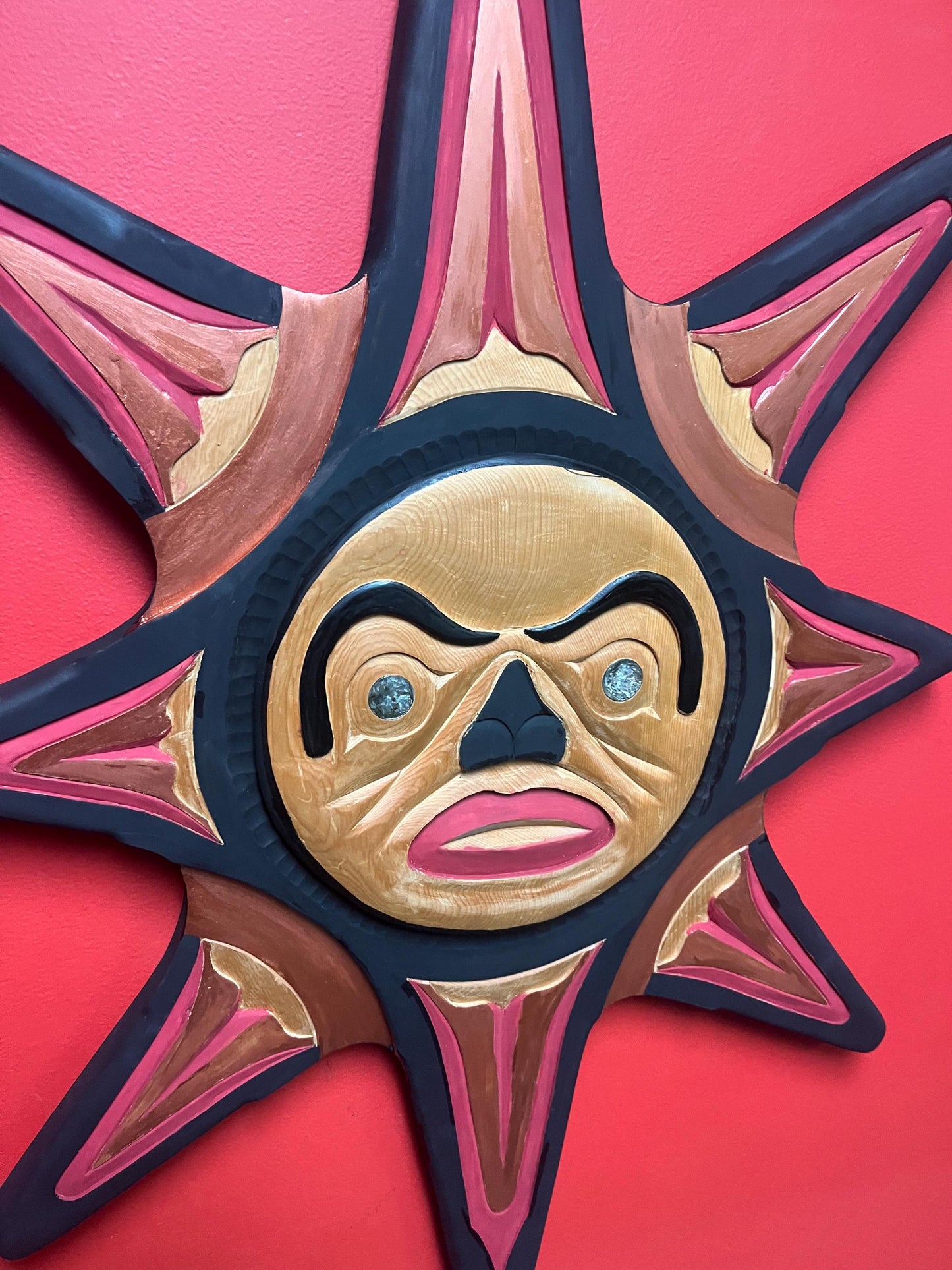 Absolutely fabulous signed 36 inch sun mask indigenous first nations Pacific Northwest Coast sun mask with abalone wow -RS