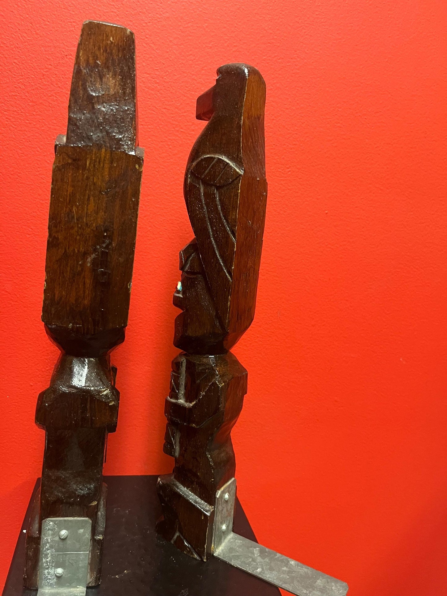 14 inch tall wooden totem bookends Canadian indigenous wooden and painted beauties