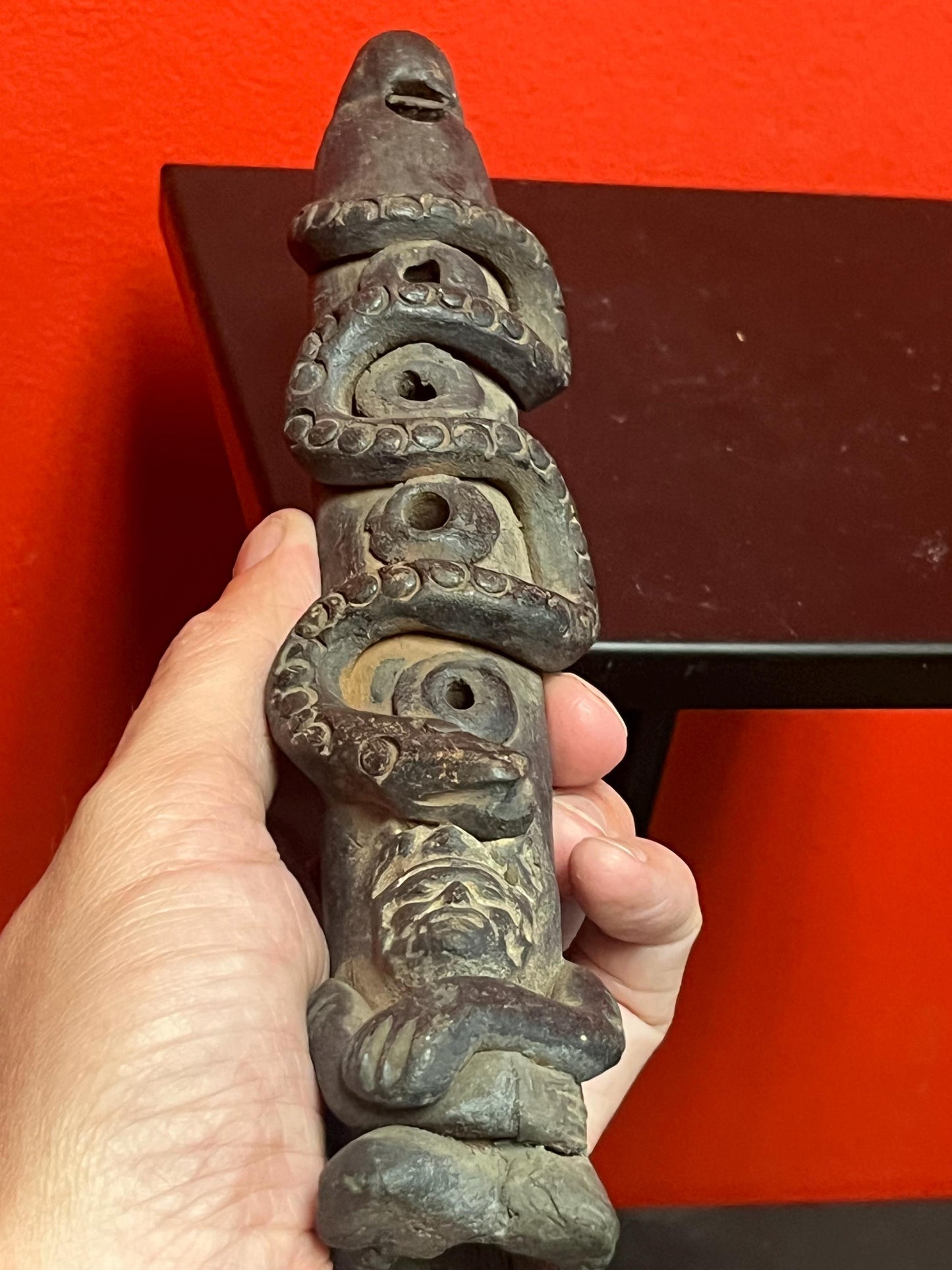 Lovely 9 inch long pre-Colombian Clay whistle with amazing imagery wow