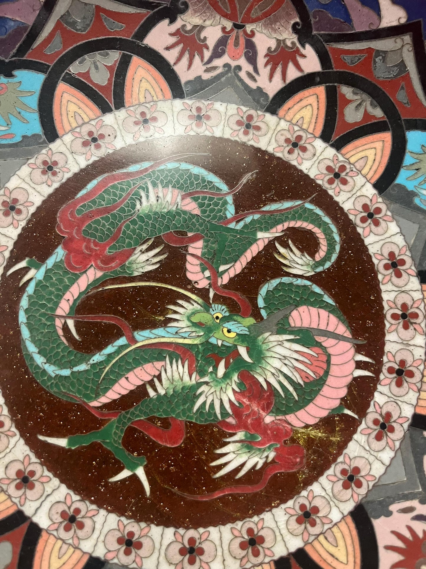 Stunning antique Japanese 12 inch wide cloisonné charger with dragons  front perfect  and back minor damage  amazing piece - wow