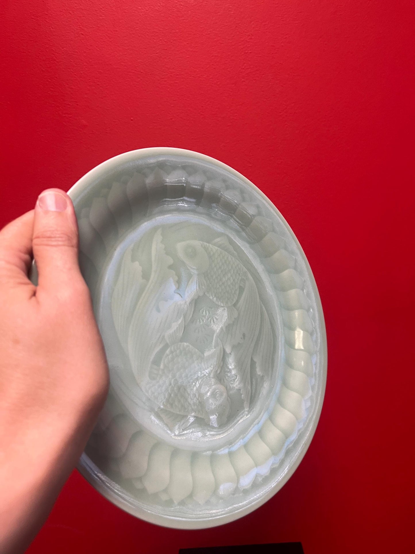 Wow  fabulous  Chinese signed celadon 10 inch wide charger depicting koi fish  beautiful imagery perfect condition