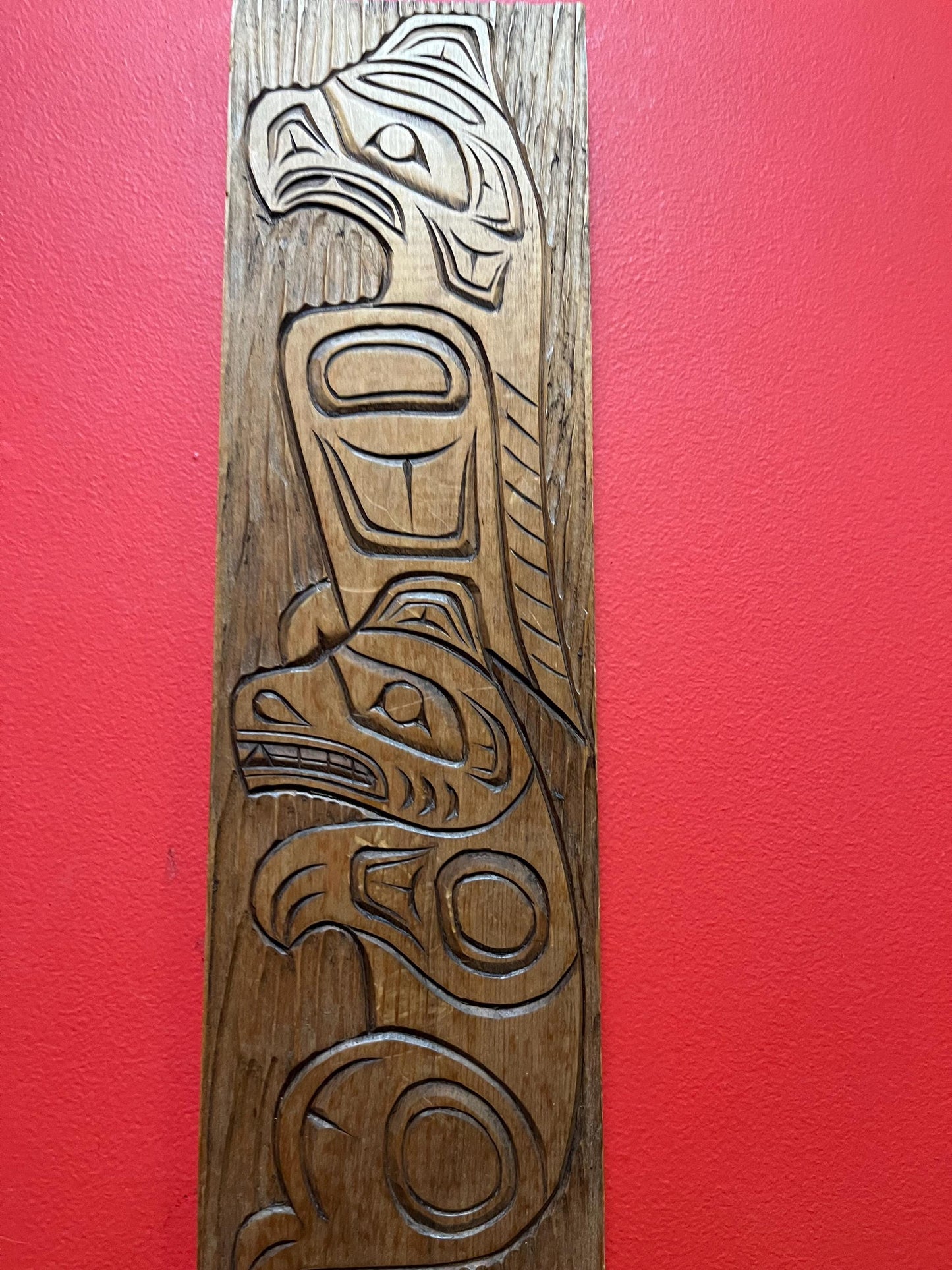 Beautiful 17 x 6 indigenous first nations Pacific northwest Coast Eagle bear transformation plaque in Cedar   ready to hang