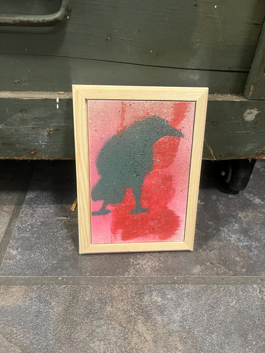Visually impaired original artist Eli St. John  Vancouver Island artist  5 x 7 crow painting in Pine frame  wow