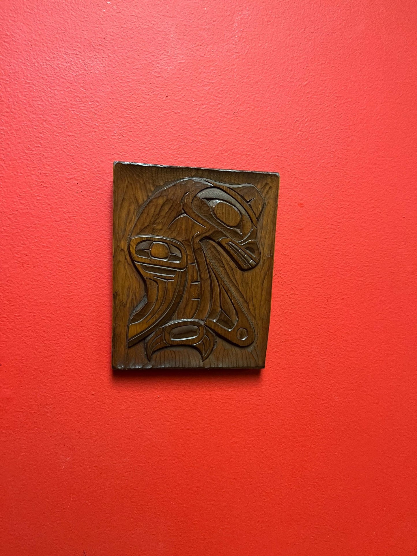 Lovely signed sea monster plaque indigenous first nations Pacific northwest coast cedar with great detail ready to hang 7x 5 inches