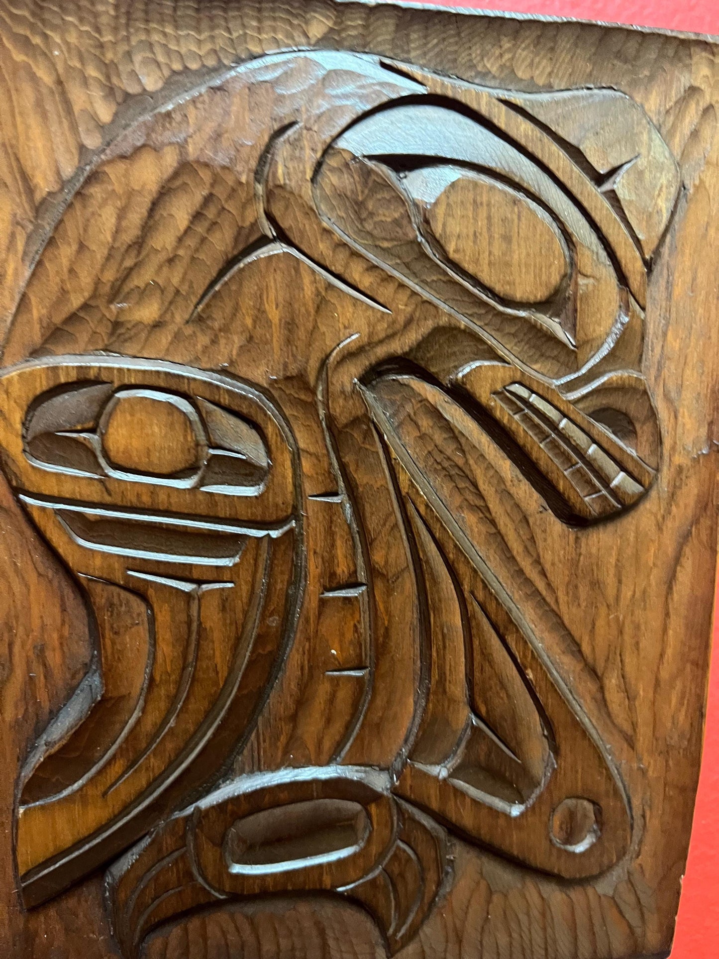 Lovely signed sea monster plaque indigenous first nations Pacific northwest coast cedar with great detail ready to hang 7x 5 inches