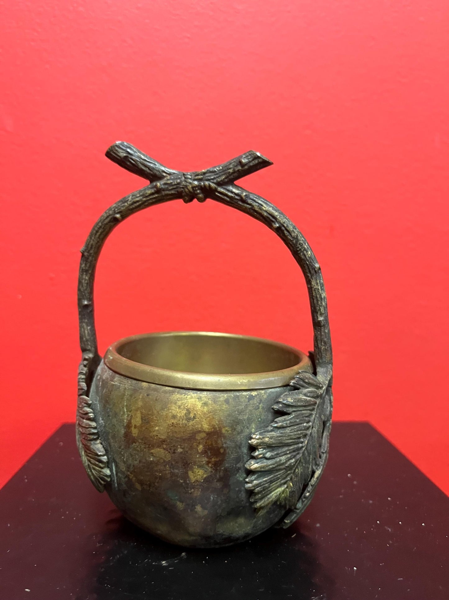 Fabulous Japanese bronze and brass 6 inch handled plant pot original insert stunning patina really beautiful antique bronze piece