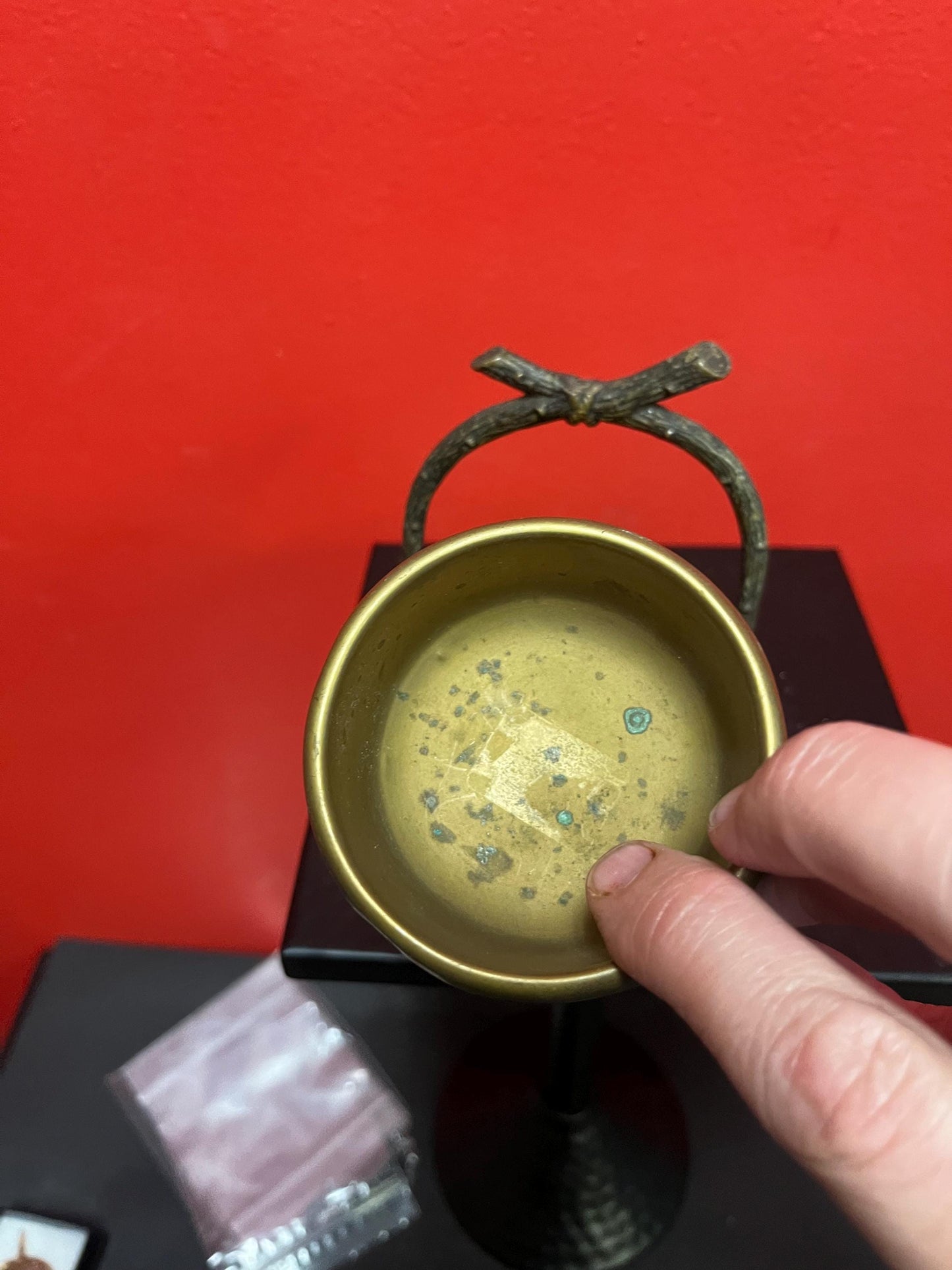 Fabulous Japanese bronze and brass 6 inch handled plant pot original insert stunning patina really beautiful antique bronze piece