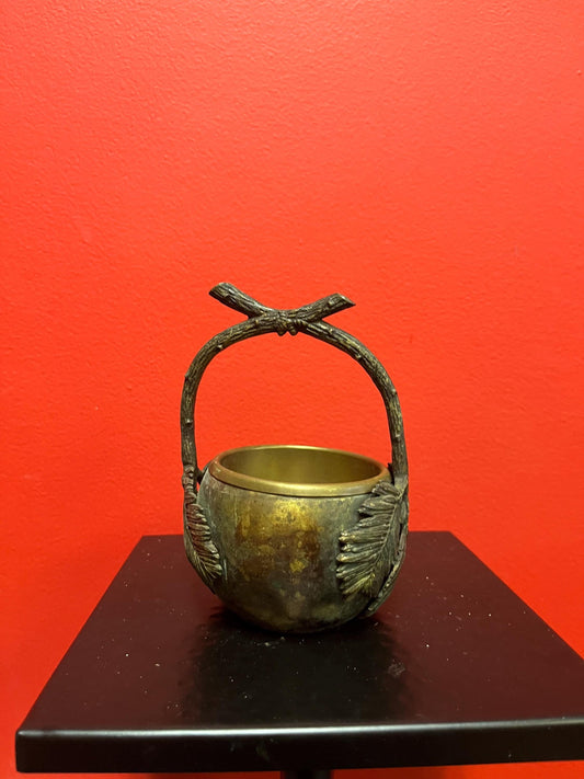 Fabulous Japanese bronze and brass 6 inch handled plant pot  original insert  stunning patina  really beautiful antique bronze piece