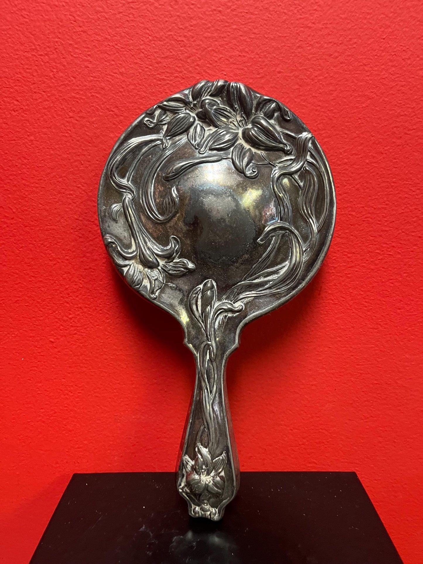 Stunning 10 inch long English antique silver plated hand mirror Some wear mirror perfect wonderful gift