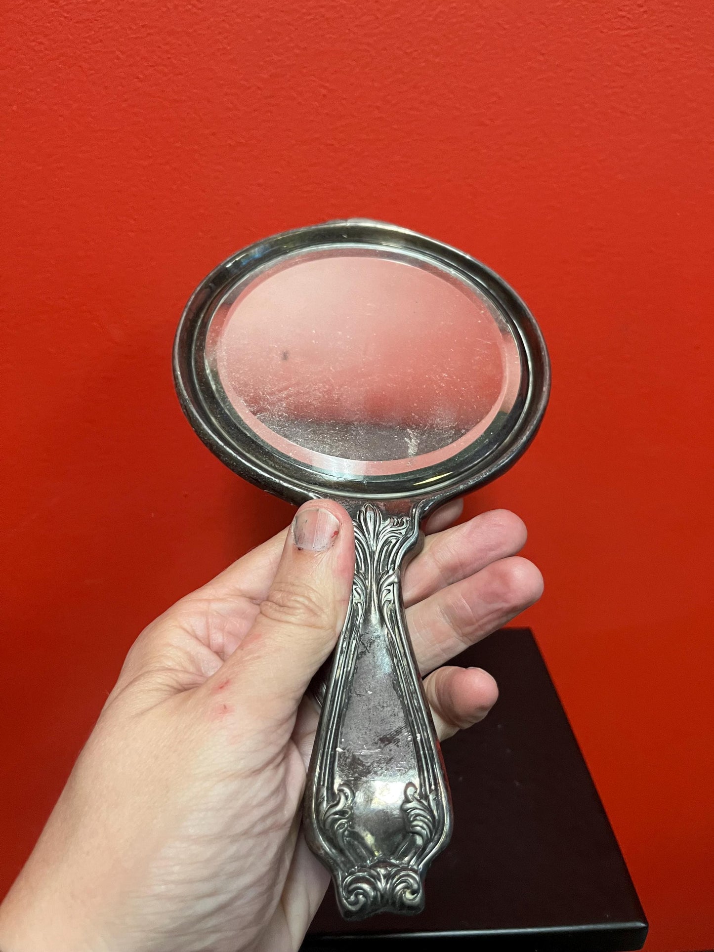 Stunning 10 inch long English antique silver plated hand mirror Some wear mirror perfect wonderful gift