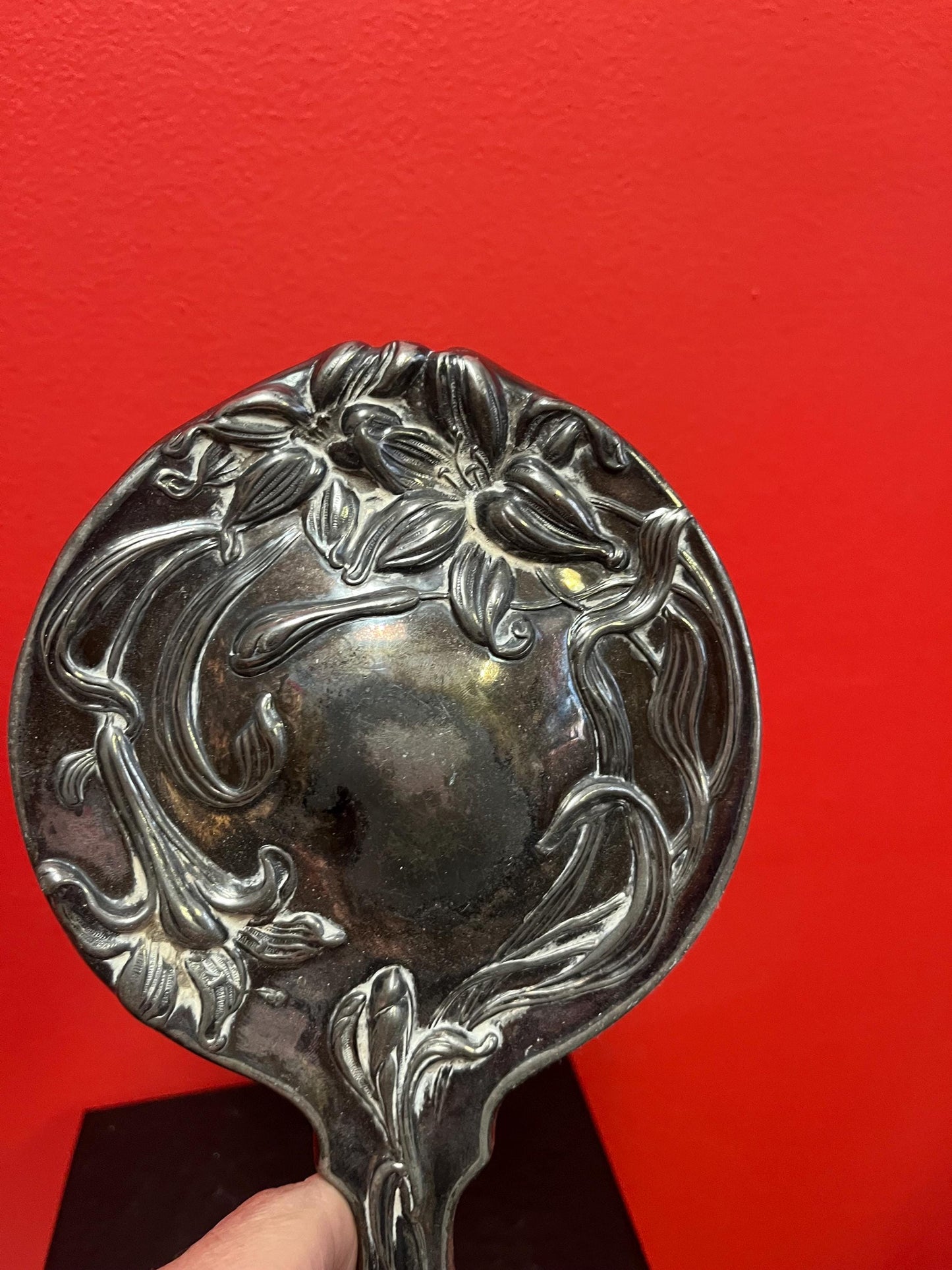 Stunning 10 inch long English antique silver plated hand mirror — Some wear — mirror perfect — wonderful gift