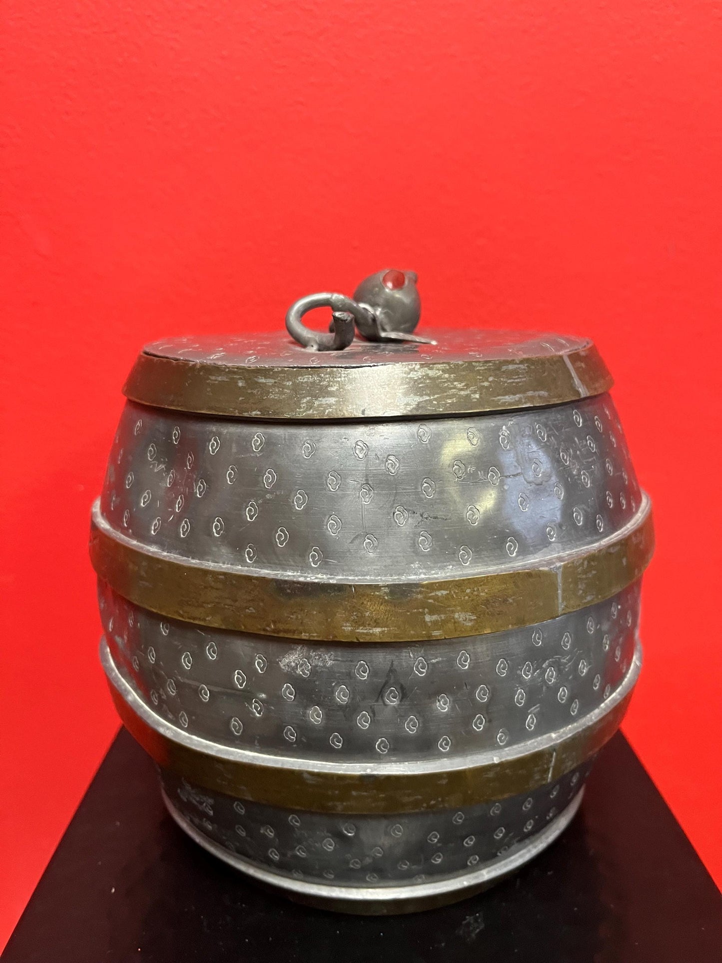 Lovely Chinese antique 6 1/2 x 5 wide pewter and brass barrel with cartouche Knob lovely patina great value
