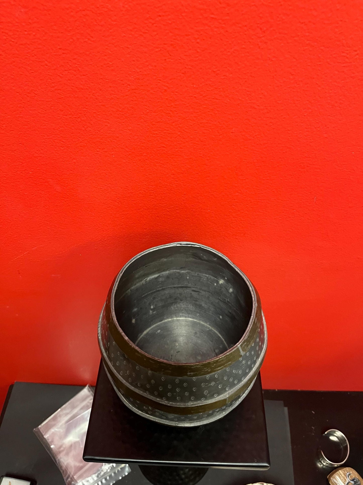 Lovely Chinese antique 6 1/2 x 5 wide pewter and brass barrel with cartouche Knob lovely patina great value