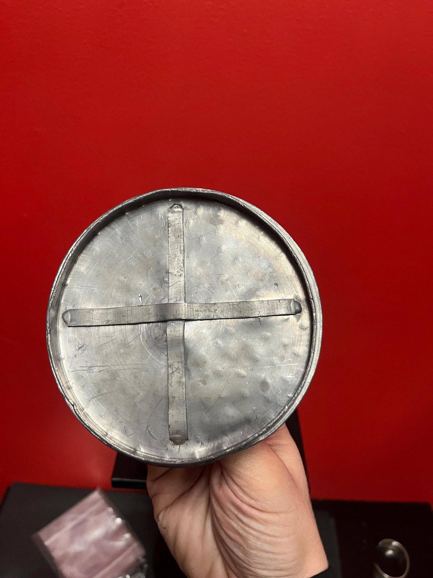 Lovely Chinese antique 6 1/2 x 5 wide pewter and brass barrel with cartouche Knob lovely patina great value