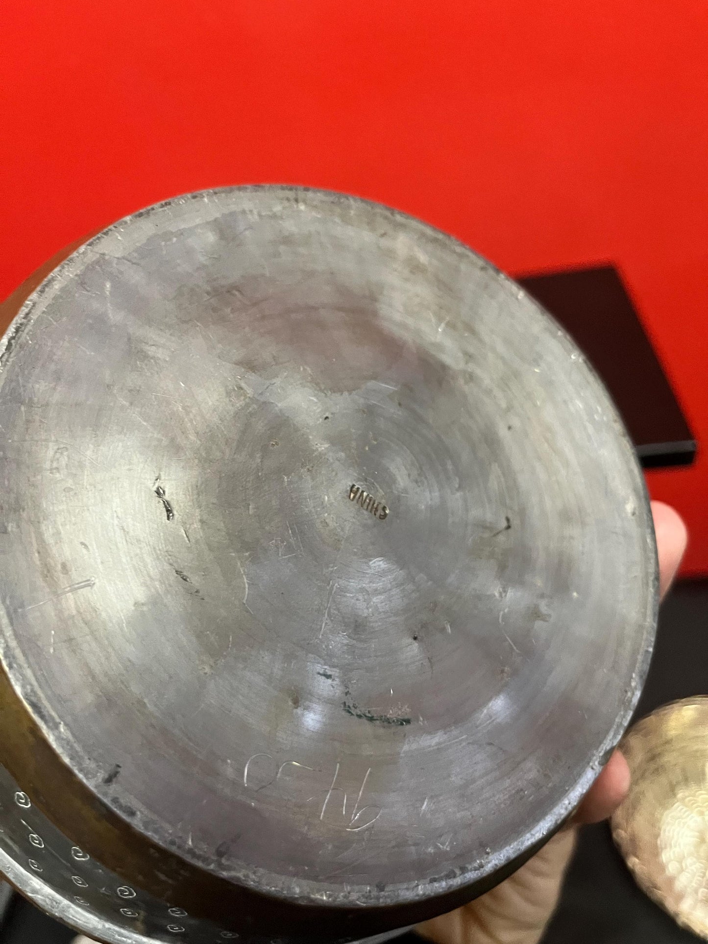 Lovely Chinese antique 6 1/2 x 5 wide pewter and brass barrel with cartouche Knob lovely patina great value