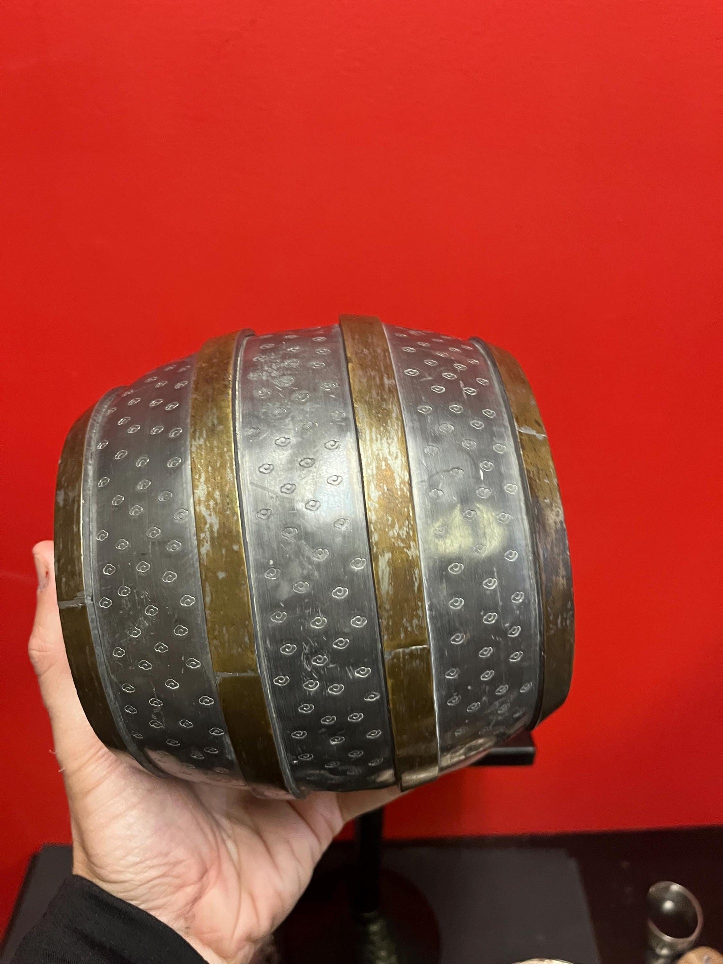 Lovely Chinese antique 6 1/2 x 5 wide pewter and brass barrel with cartouche Knob lovely patina great value