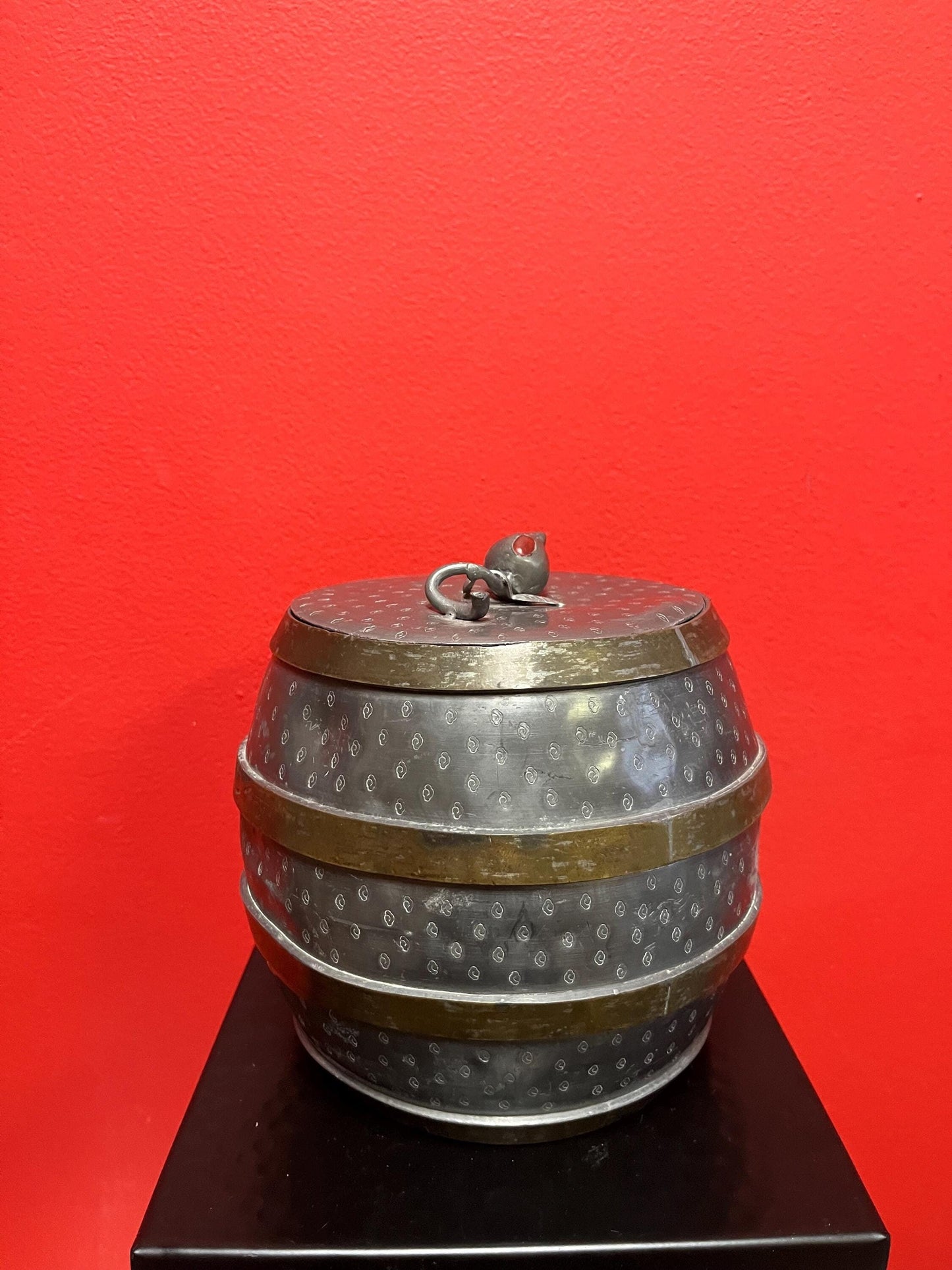 Lovely Chinese antique 6 1/2 x 5 wide pewter and brass barrel with cartouche Knob lovely patina great value