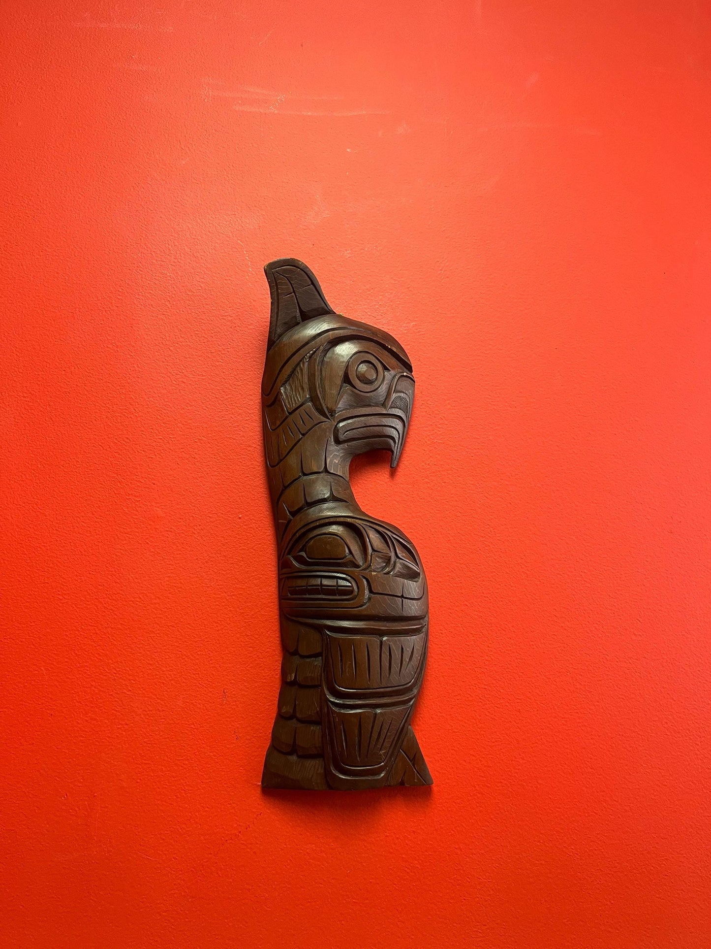 Absolutely beautiful 18 x 5“ wide indigenous first nations Pacific northwest Coast unsigned plaque of an eagle killer whale transformation