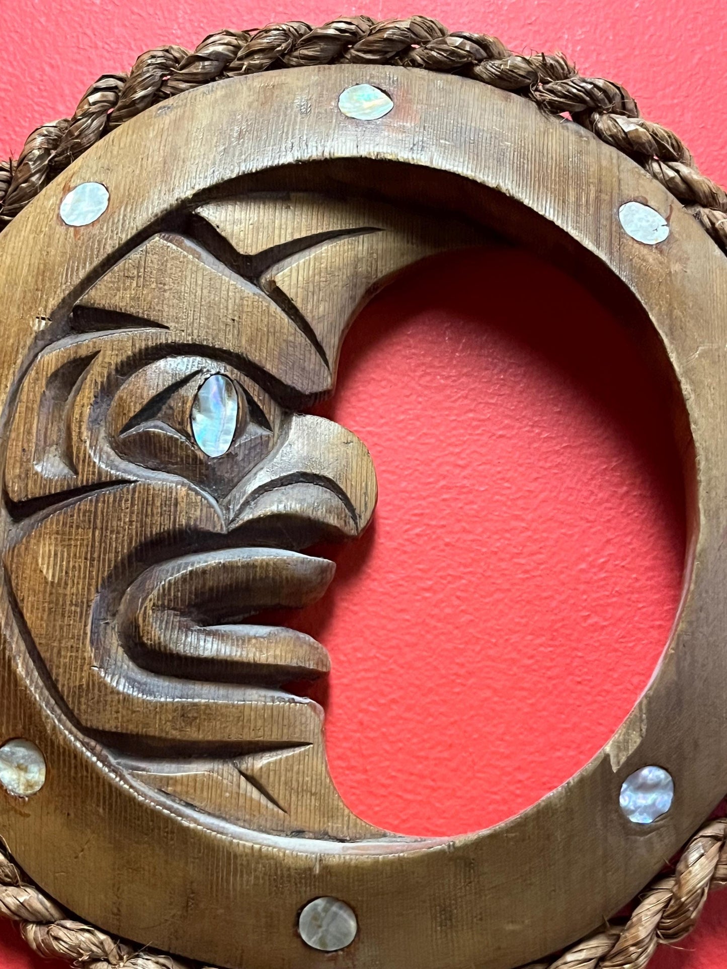 Magnificent signed 11 inch indigenous first nations pacific northwest coast moon plaque with Abalone highest quality wow
