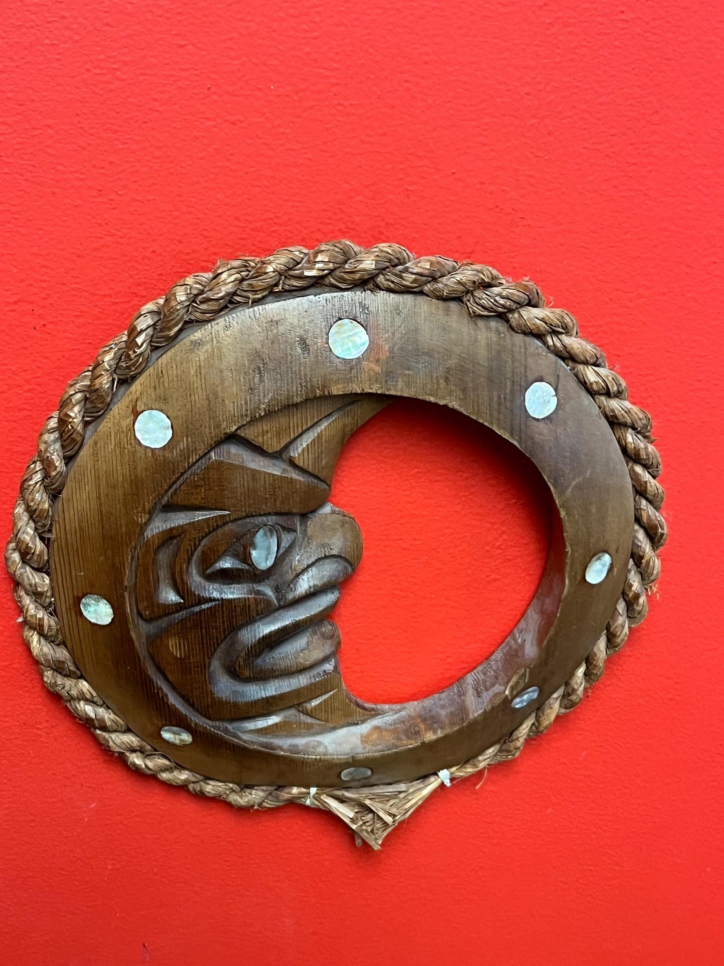 Magnificent signed 11 inch indigenous first nations pacific northwest coast moon plaque with Abalone highest quality wow