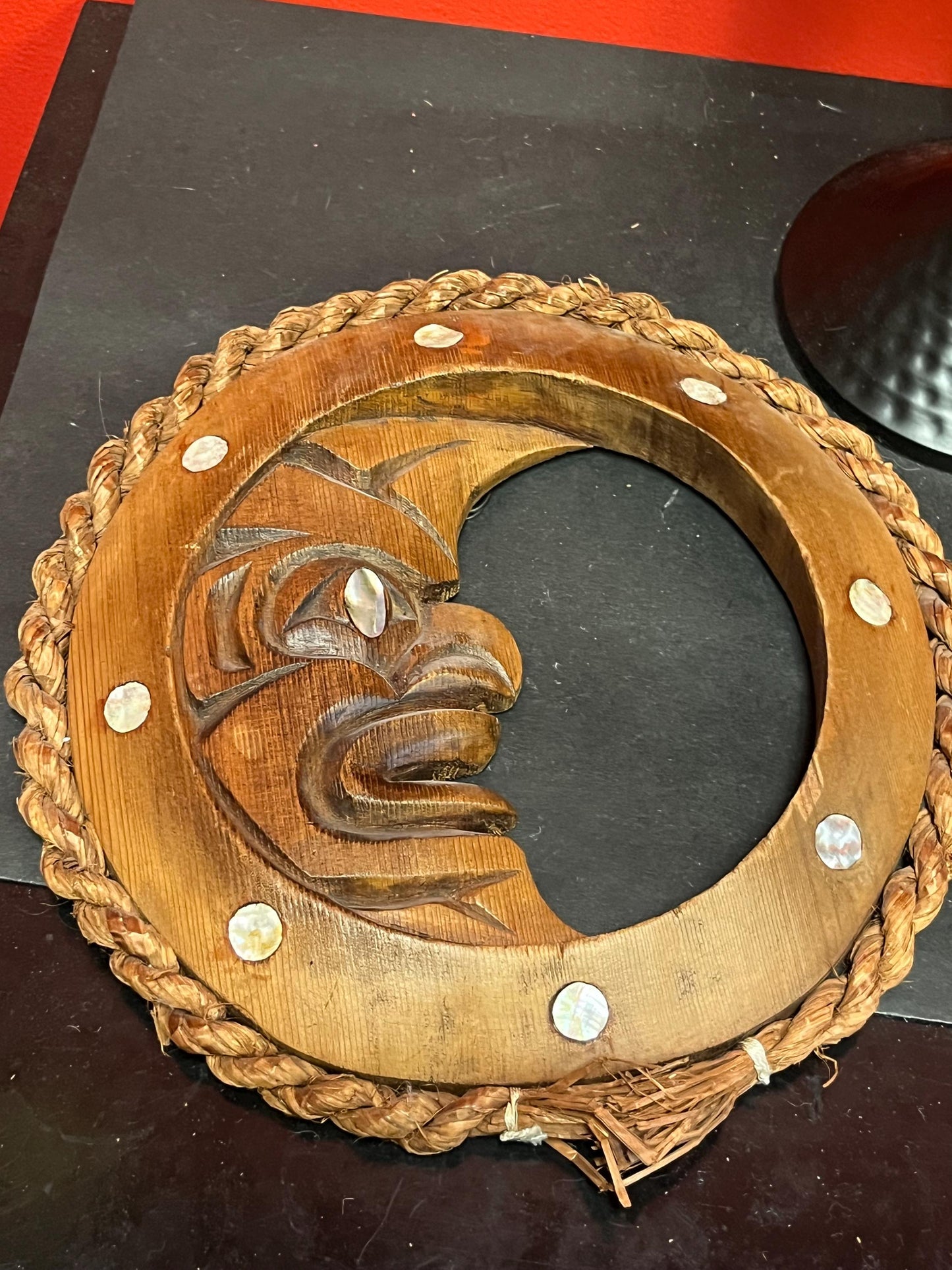 Magnificent signed 11 inch indigenous first nations pacific northwest coast moon plaque with Abalone highest quality wow