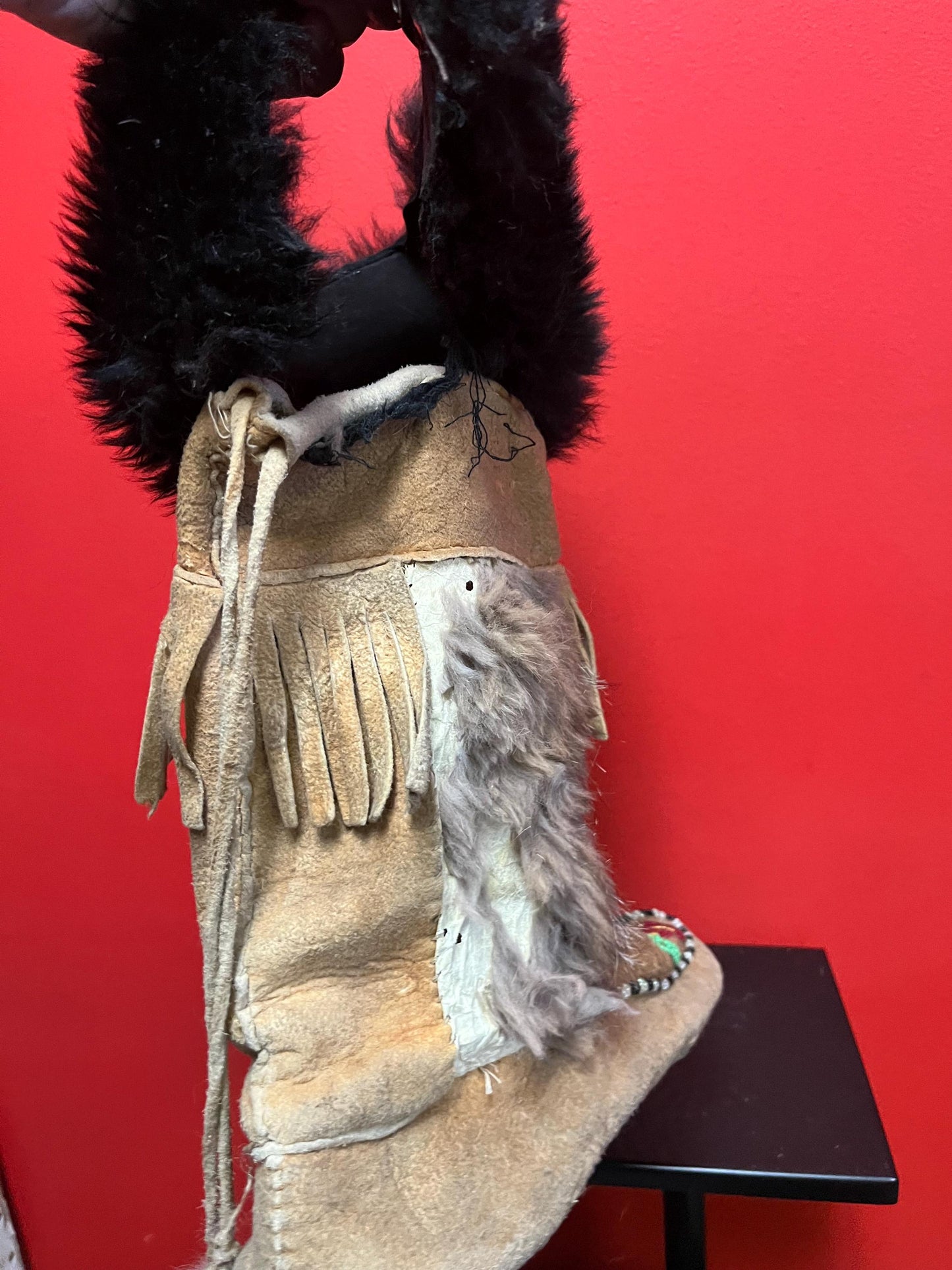 16 x 12 long indigenous first nations specific northwest Coast leather fur beaded moccasins in less than perfect condition  see photos