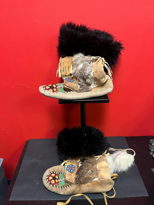 16 x 12 long indigenous first nations specific northwest Coast leather fur beaded moccasins in less than perfect condition  see photos