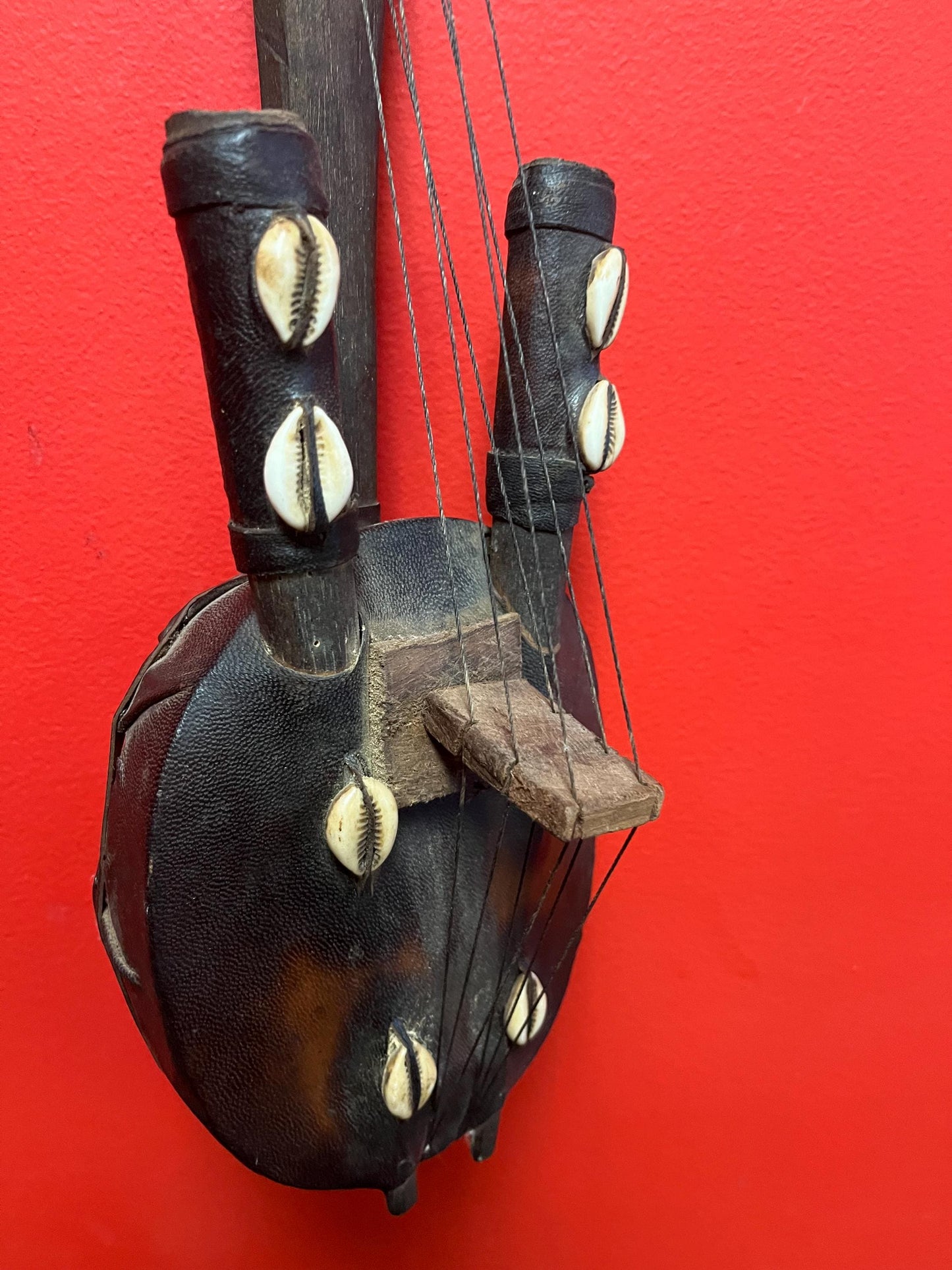 Amazing 19 x 5“ wide old oceanic coconut shell leather and shell guitar style instrument  wow