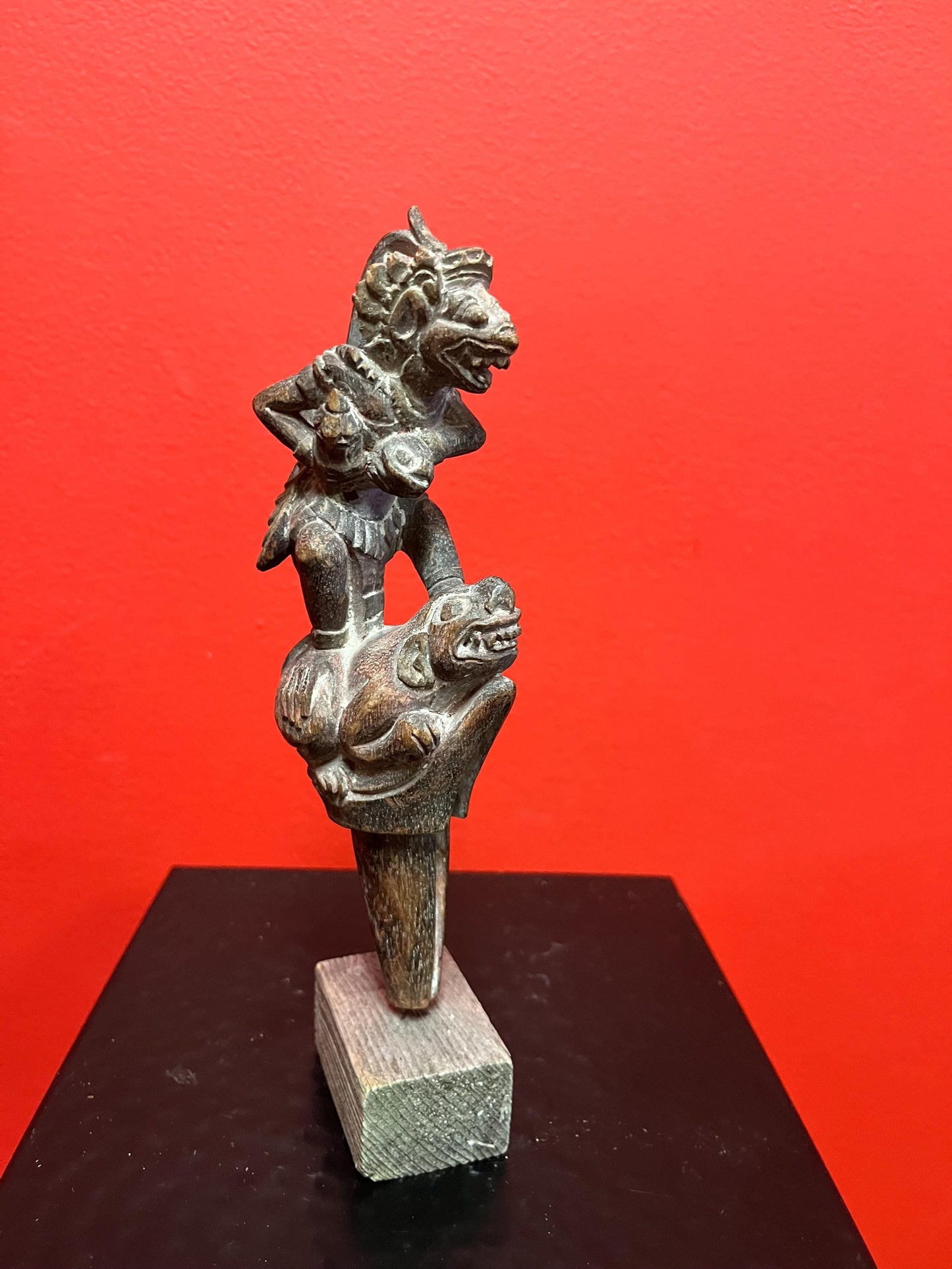 Beautiful 8 inch tall southeast Asian antique intricately carved wooden mythical statue on stand  great detail and perfect gift