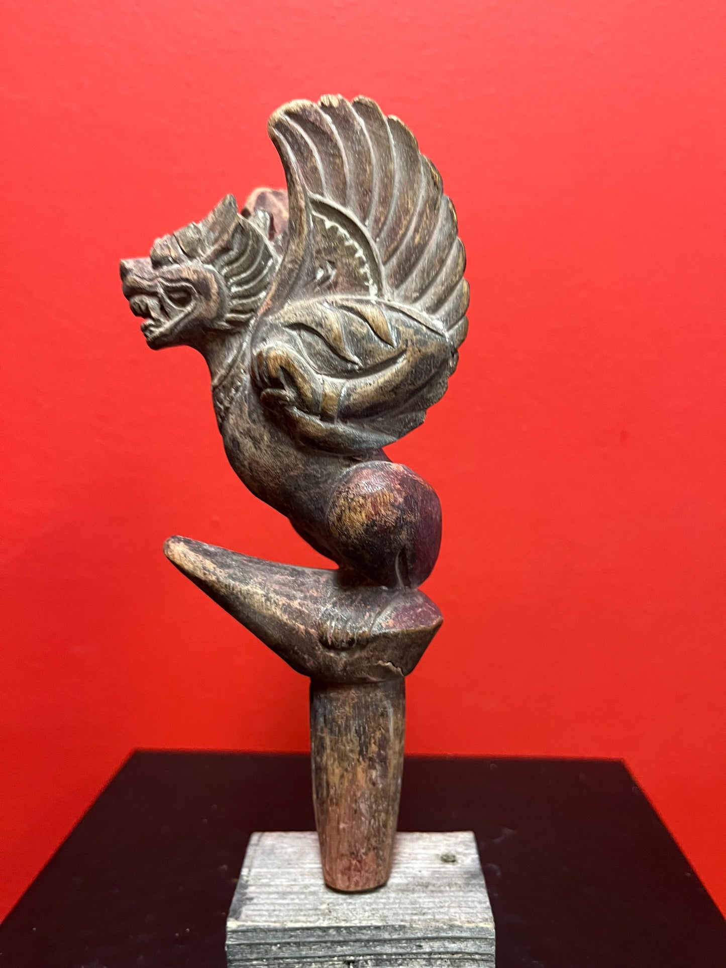 Beautiful 8 inch tall southeast Asian antique intricately carved wooden mythical statue on stand  great detail and perfect gift